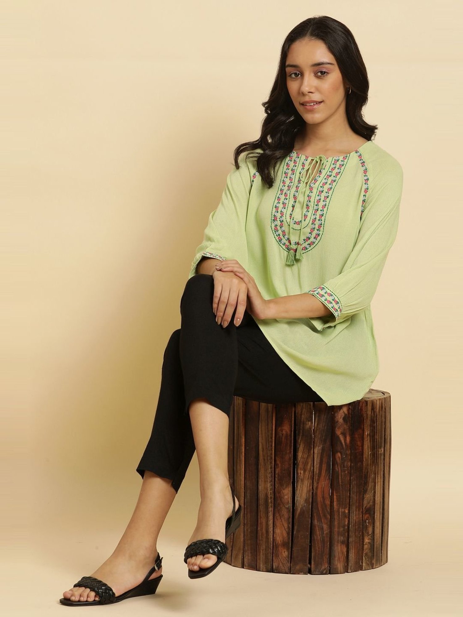 W Green Embroidered Top