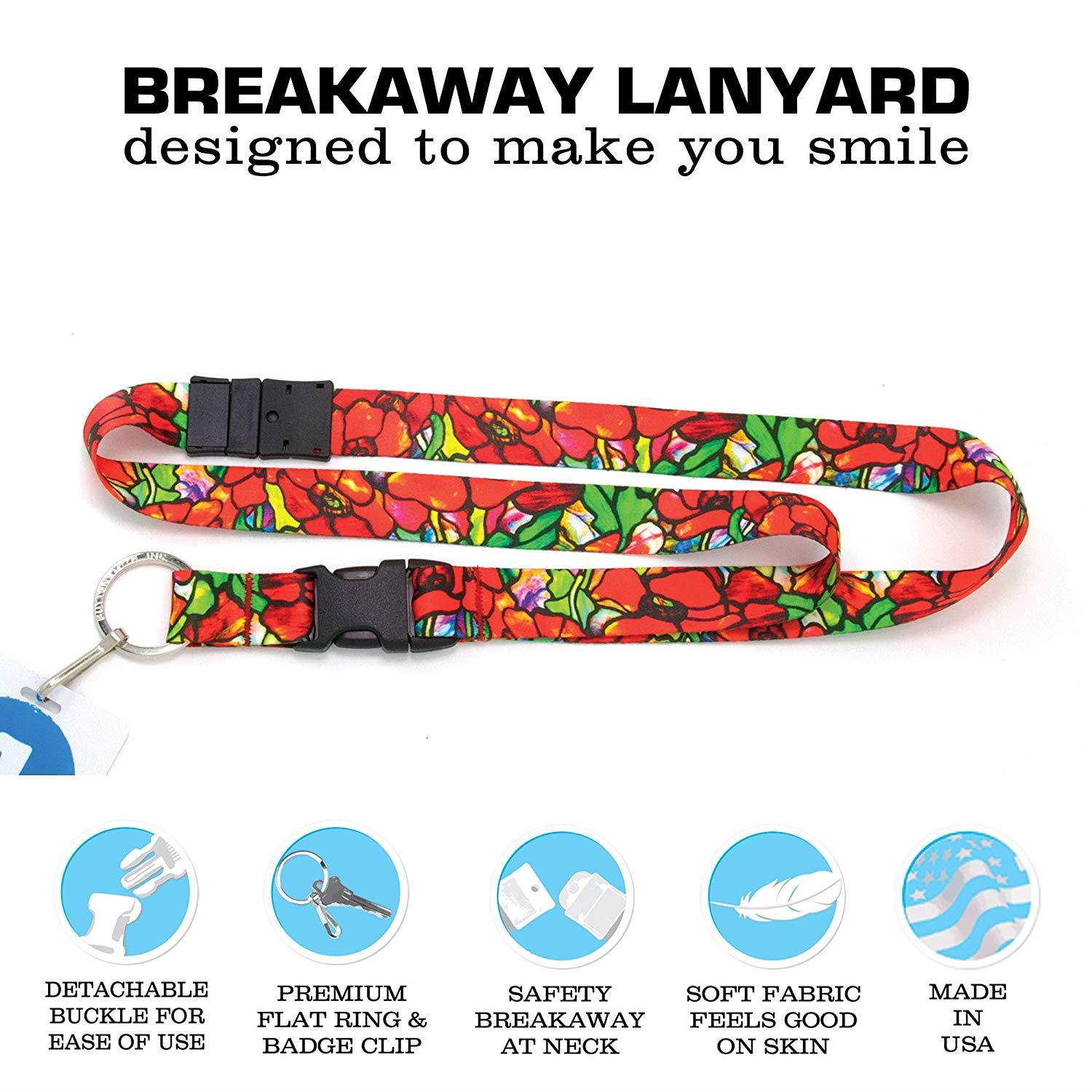 Buttonsmith Tiffany Poppies Premium Breakaway Lanyard - Safety Breakaway, Buckle and Flat Ring - Made in USA