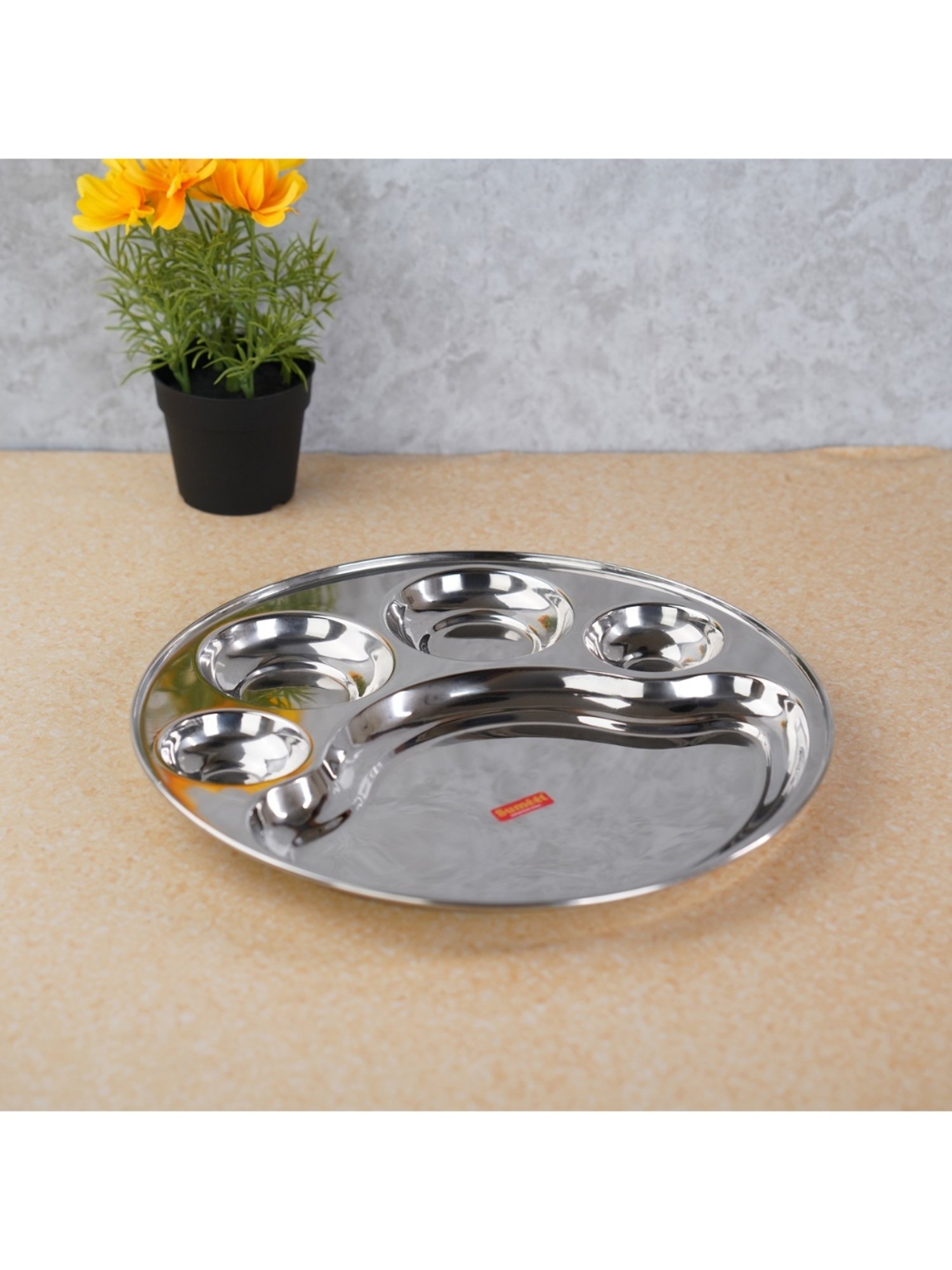 Sumeet Stainless Steel Round 5 in 1 Compartment Lunch / Dinner Plate 1Pc, 31cm Dia, Silver