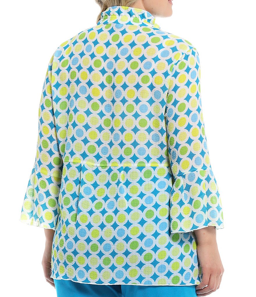 Multiples Plus Size Dot Print Texture Woven 3/4 Sleeve Flounce Cuff Button Front Peplum Jacket
