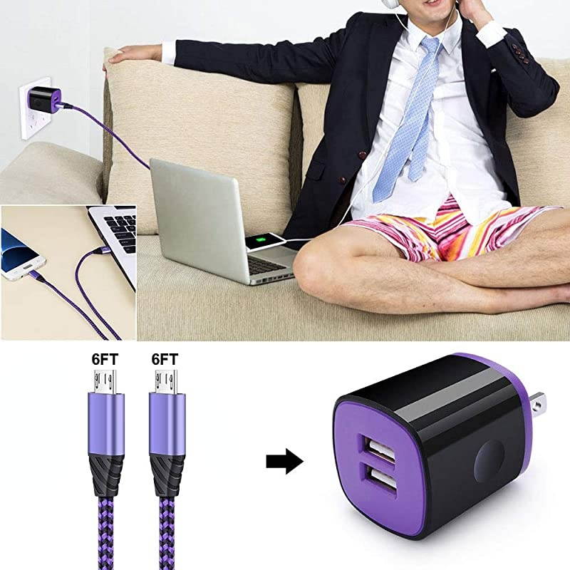 Plug Charging Block Dual USB Wall with 2 Pack Micro USB Cable Android Cord Compatible for Samsung Galaxy J7V J8 J7 CrownPrimeStarSky ProRefine S7 S6 PlusEdgeActive
