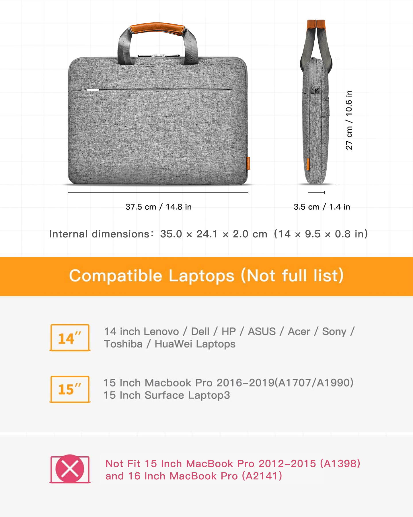 Inateck 14&rdquo; 360&deg; Protective Laptop Shoulder Bag Sleeve Crossbody Bag with Handles, Luggage Strap, Detachable Shoulder Strap, Splash-Resistant for Commuting, School, Business, Travel, Gray