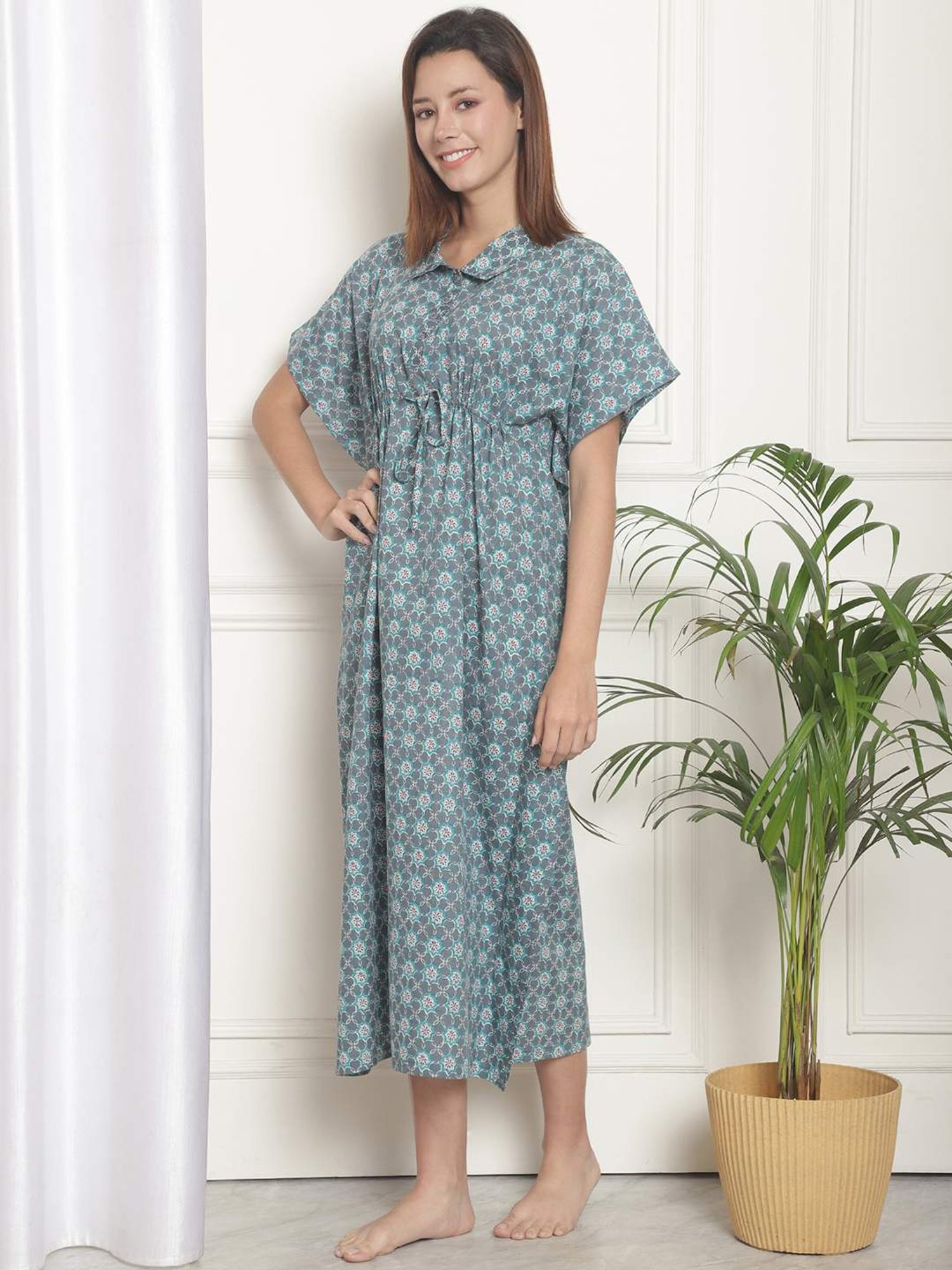 Kanvin Blue Cotton Printed Nighty