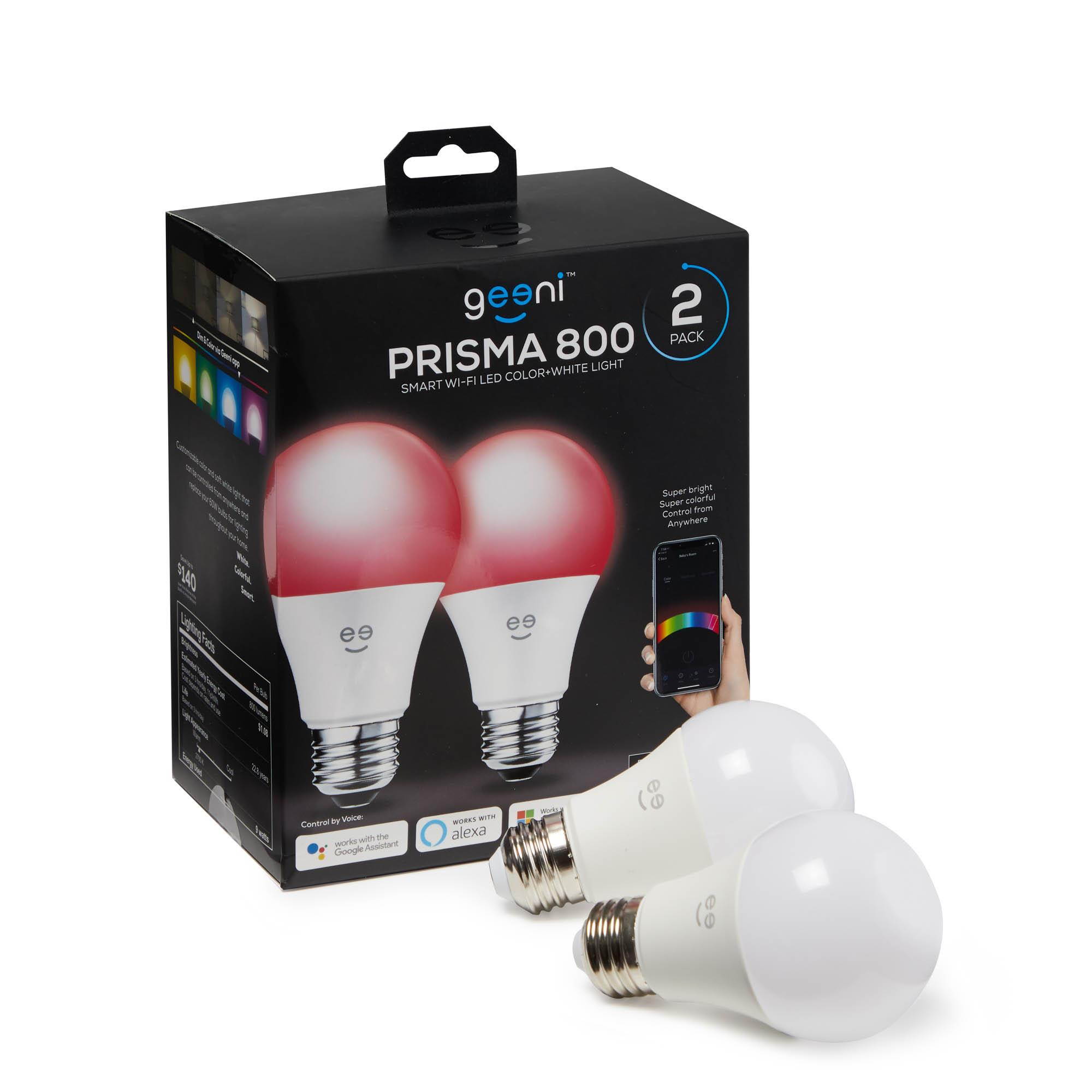 Geeni PRISMA 800 Wi-Fi Smart LED Light Bulb, Multicolor (2700K), 2-Pack, Dimmable LED Bulbs, A19, 60-Watt Equivalent, No Hub Required, Compatible with Amazon Alexa, Google Assistant, Microsoft Cortana