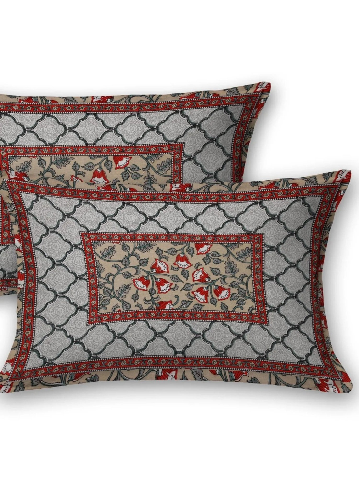 Living Roots Block Print Grey 300 TC Cotton Bedsheet with 2 Pillow Covers