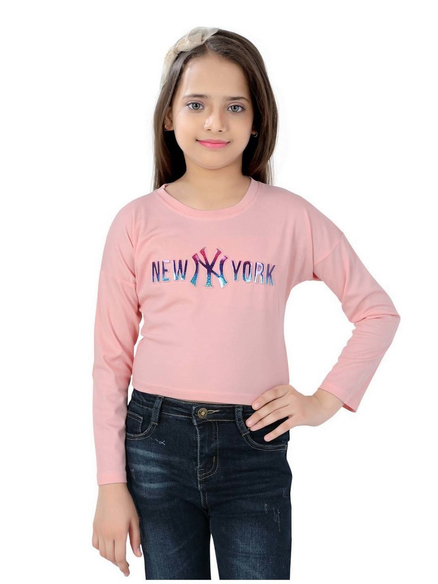 poplins Kids Peach Cotton Printed Full Sleeves Top