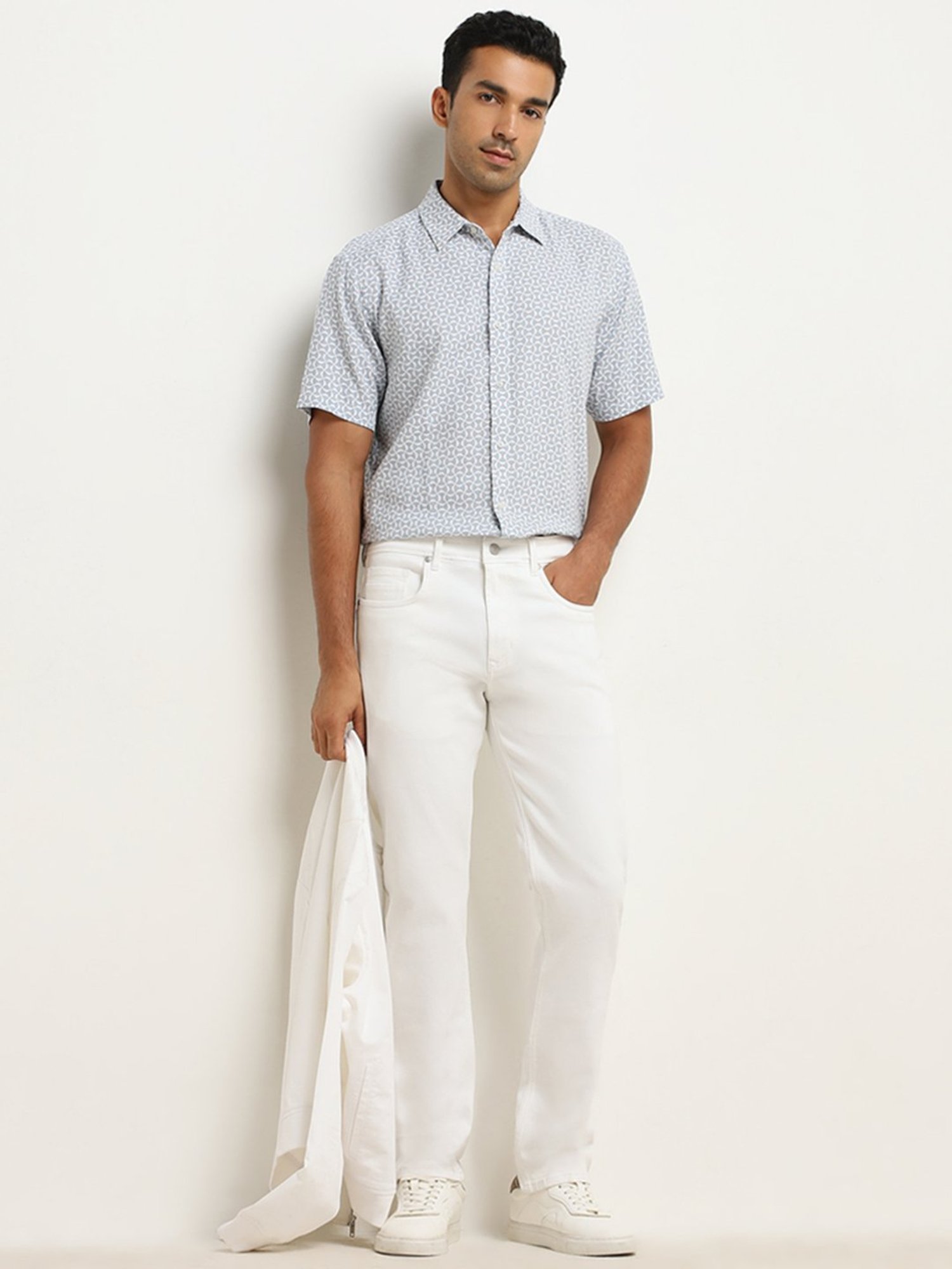 Ascot by Westside Blue Geometric Print Relaxed-Fit Blended Linen Shirt