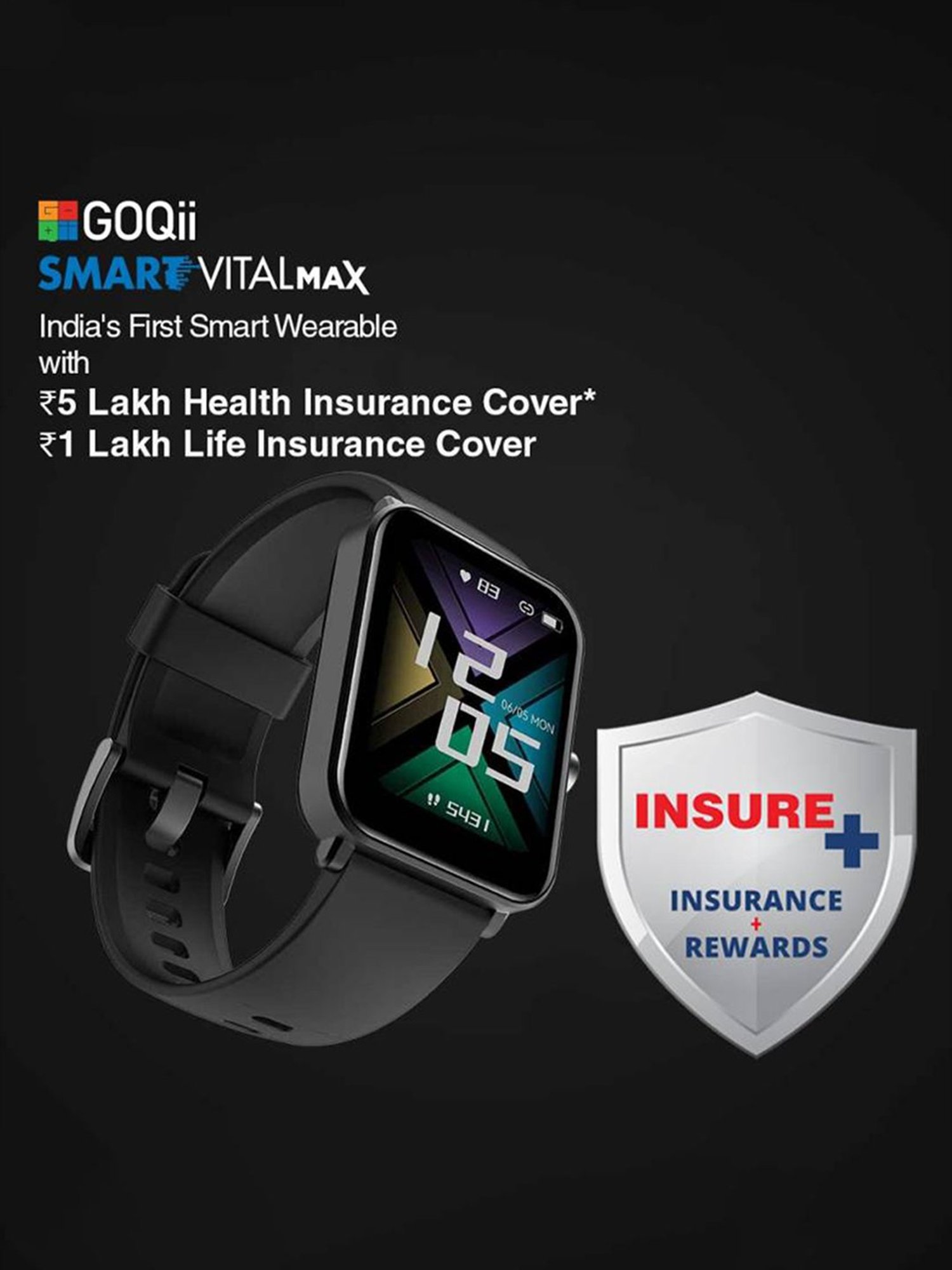 GOQii Smart Vital MAX 5 Lakhs Health & 1 Lakhs Life Insurance Covered Smartwatch (Black Strap)