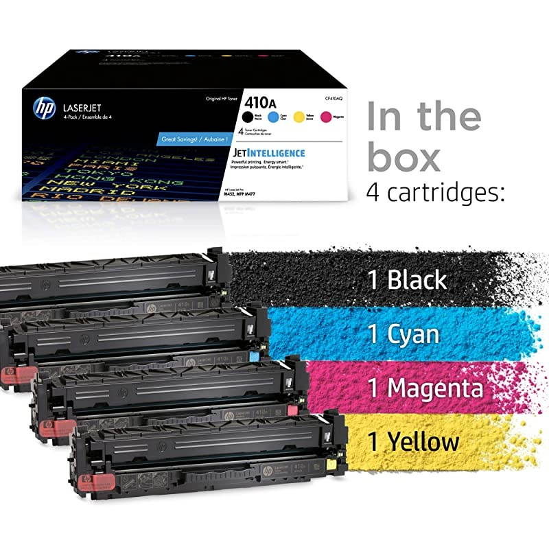 410A | CF410A, CF411A, CF412A, CF413A | 4 Toner Cartridges | Black, Cyan, Magenta, Yellow |  Color LaserJet Pro M452 Series, M377dw, MFP 477 Series