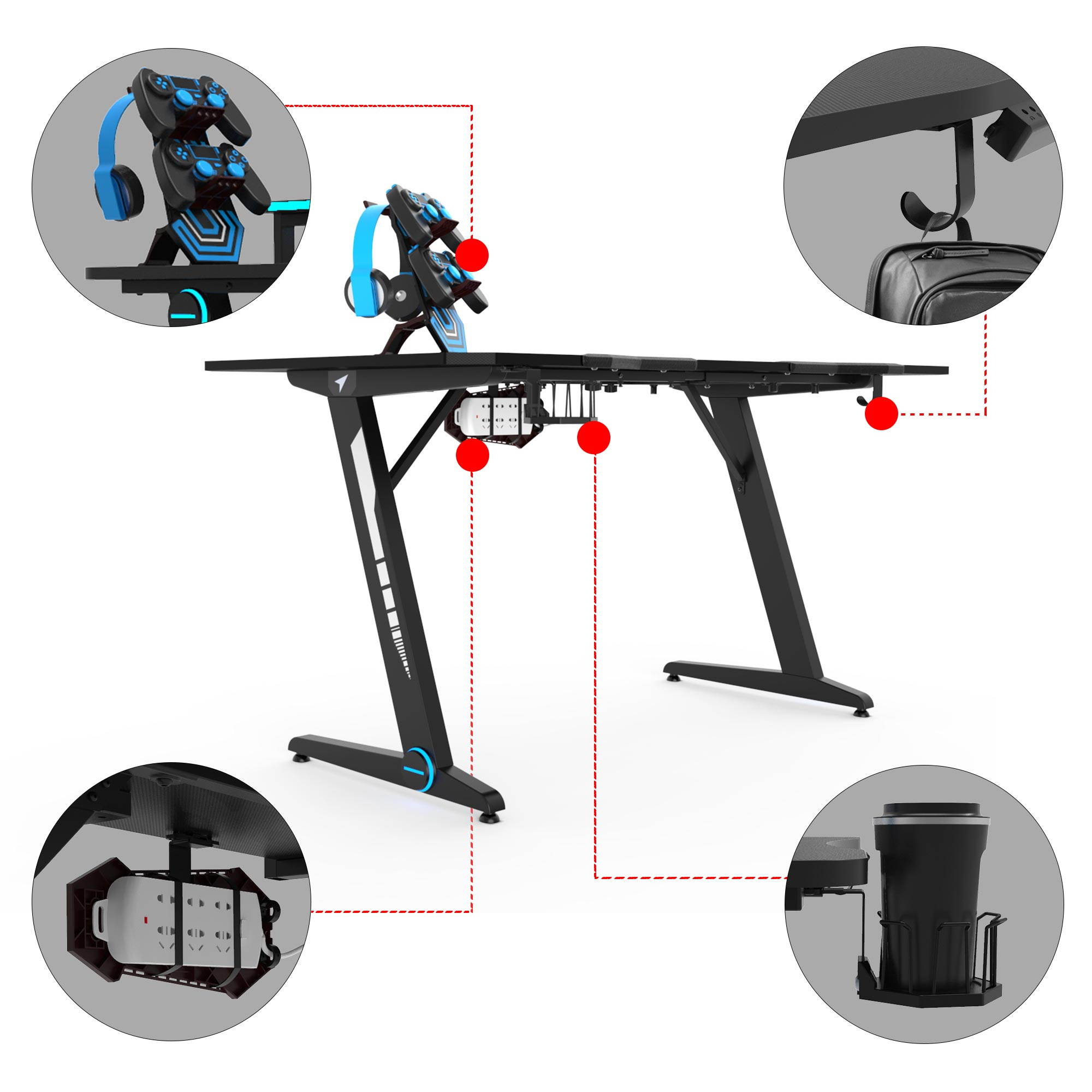 Ergonomically Z Shaped Home Office Desk Gaming Desk with Headphone Holder Cup Holder Plug Board holder Game Handles Holder