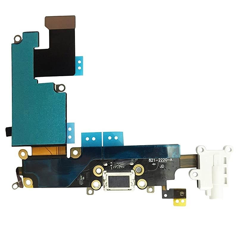 OEM Charging Port Dock Connector Flex Cable wMicrophone + Headphone Audio Jack Port Ribbon Replacement Part Compatible for iPhone 6 Plus All Carriers White