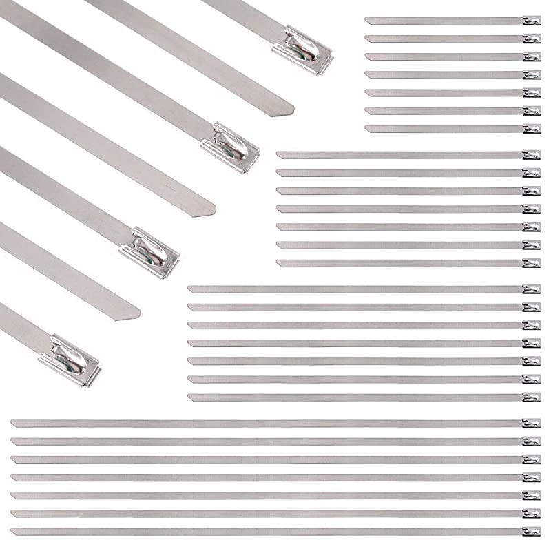 100Pcs 4 Sizes Stainless Steel Exhaust Strap Wrap Coated Locking Cable Zip Ties Perfect for Automotive Parts, Home, Computer Repair - 4&ldquo;, 5.9", 8",11.8"