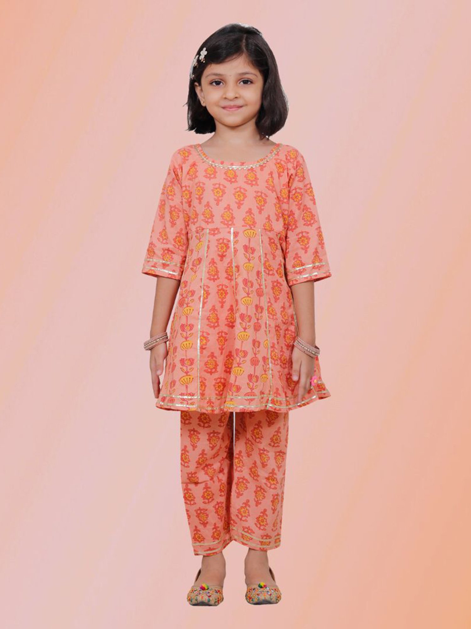 Tippy Top Kids Peach Floral Print Kurta with Pants