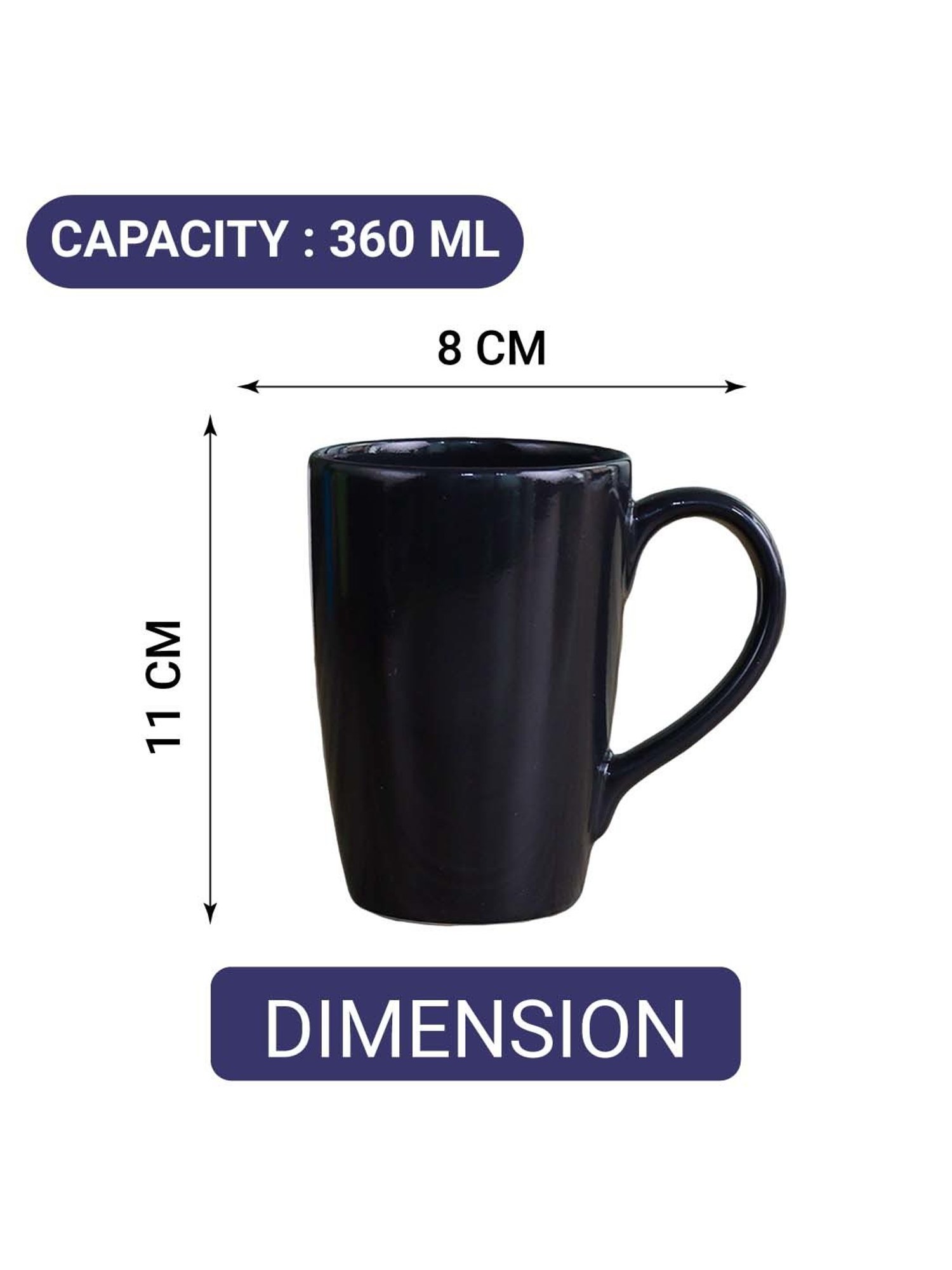 Femora Black Ceramic Coffee Mugs (0.36 L) - Set of 6
