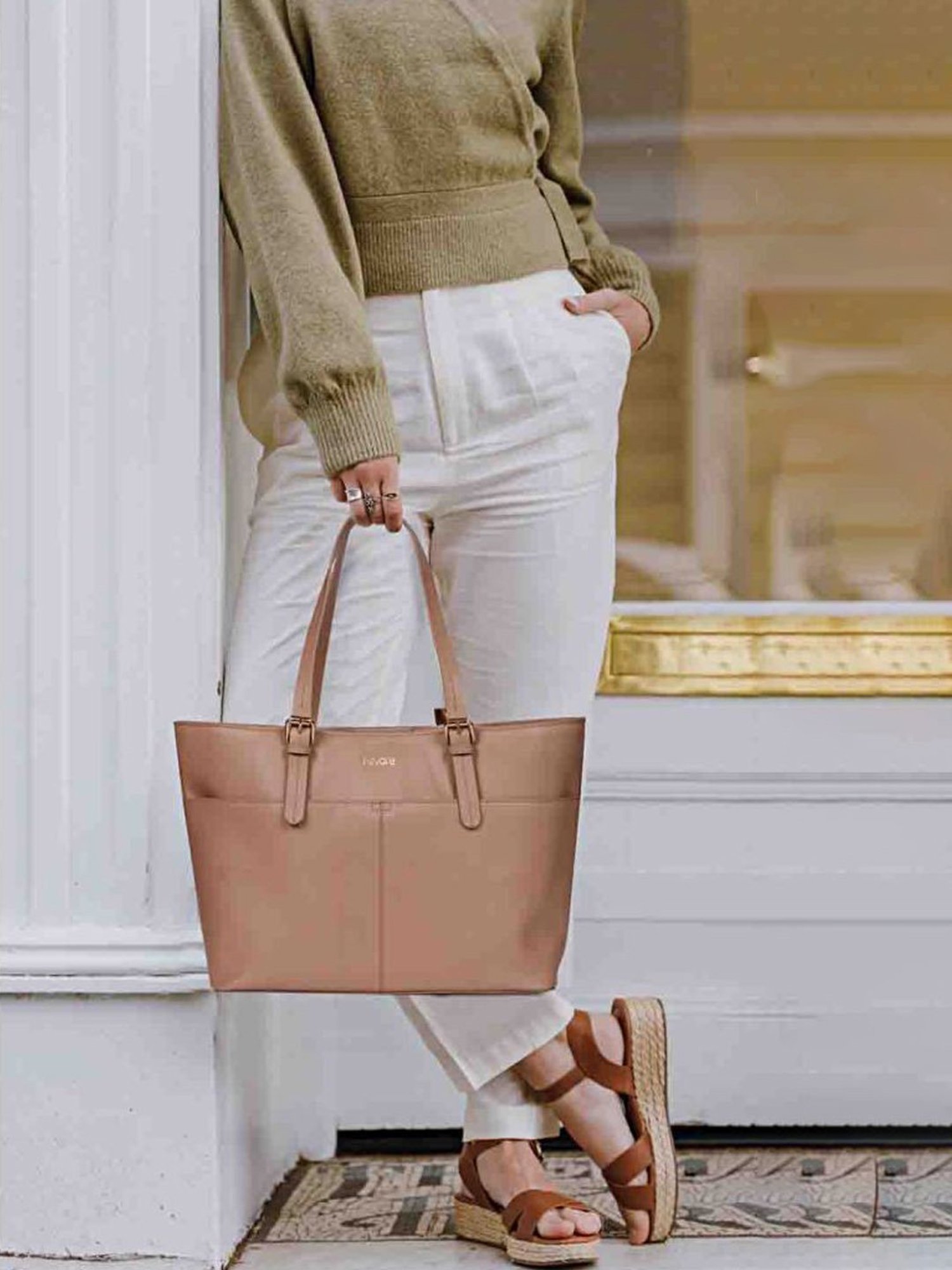 Favore Tan Solid Medium Tote Handbag