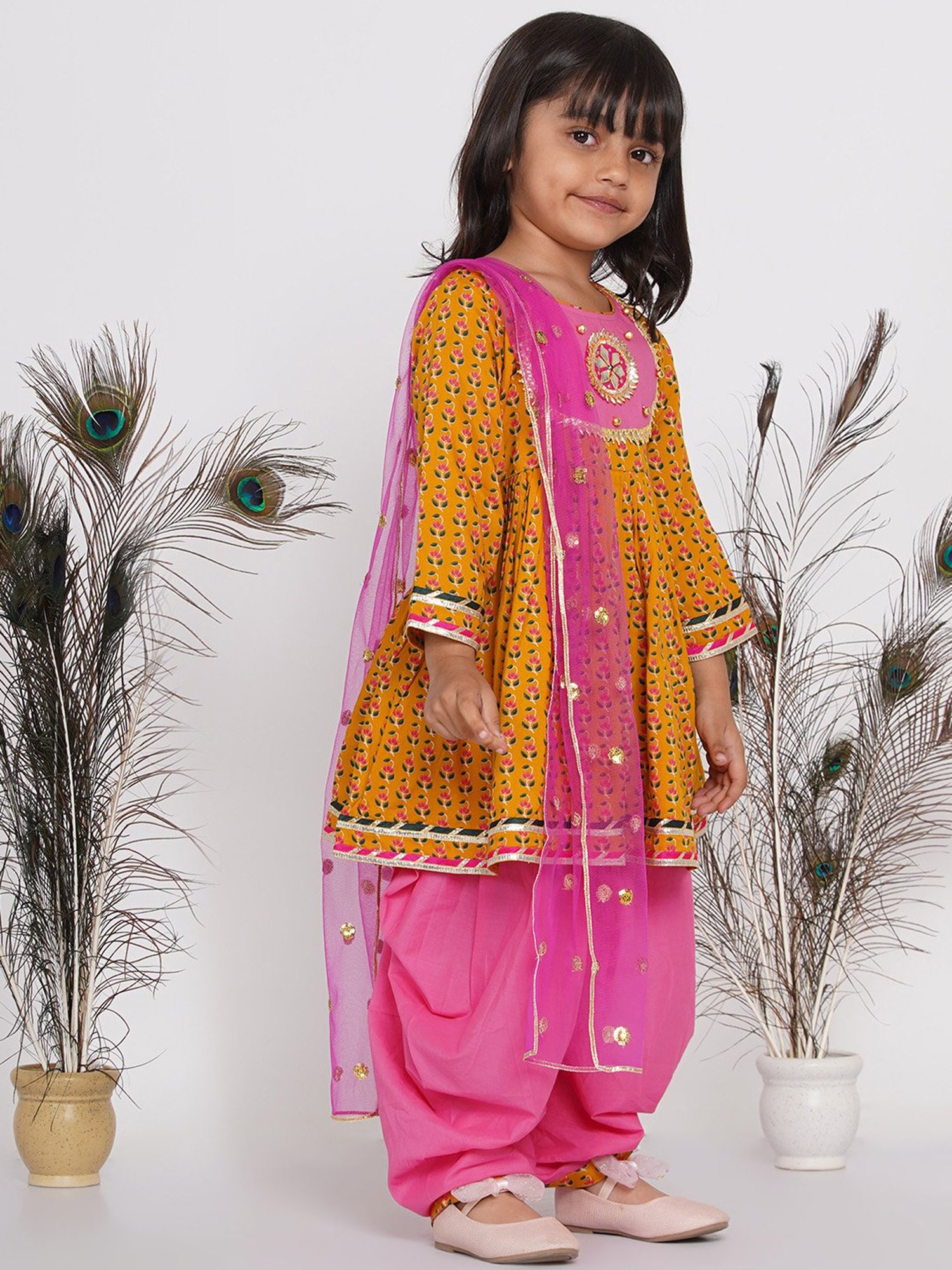 Little Bansi Kids Yellow & Pink Printed Kurta Frock with Salwar & Dupatta