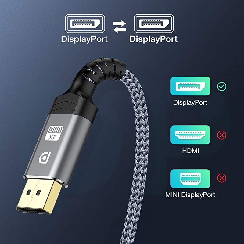 DisplayPort Cable, 3.3ft DP Cable 4K Nylon Braided -(4K@60Hz, 2K@144Hz) Ultra High Speed DisplayPort to DisplayPort Cable or Laptop PC TV etc- Gaming Monitor Cable (Grey)