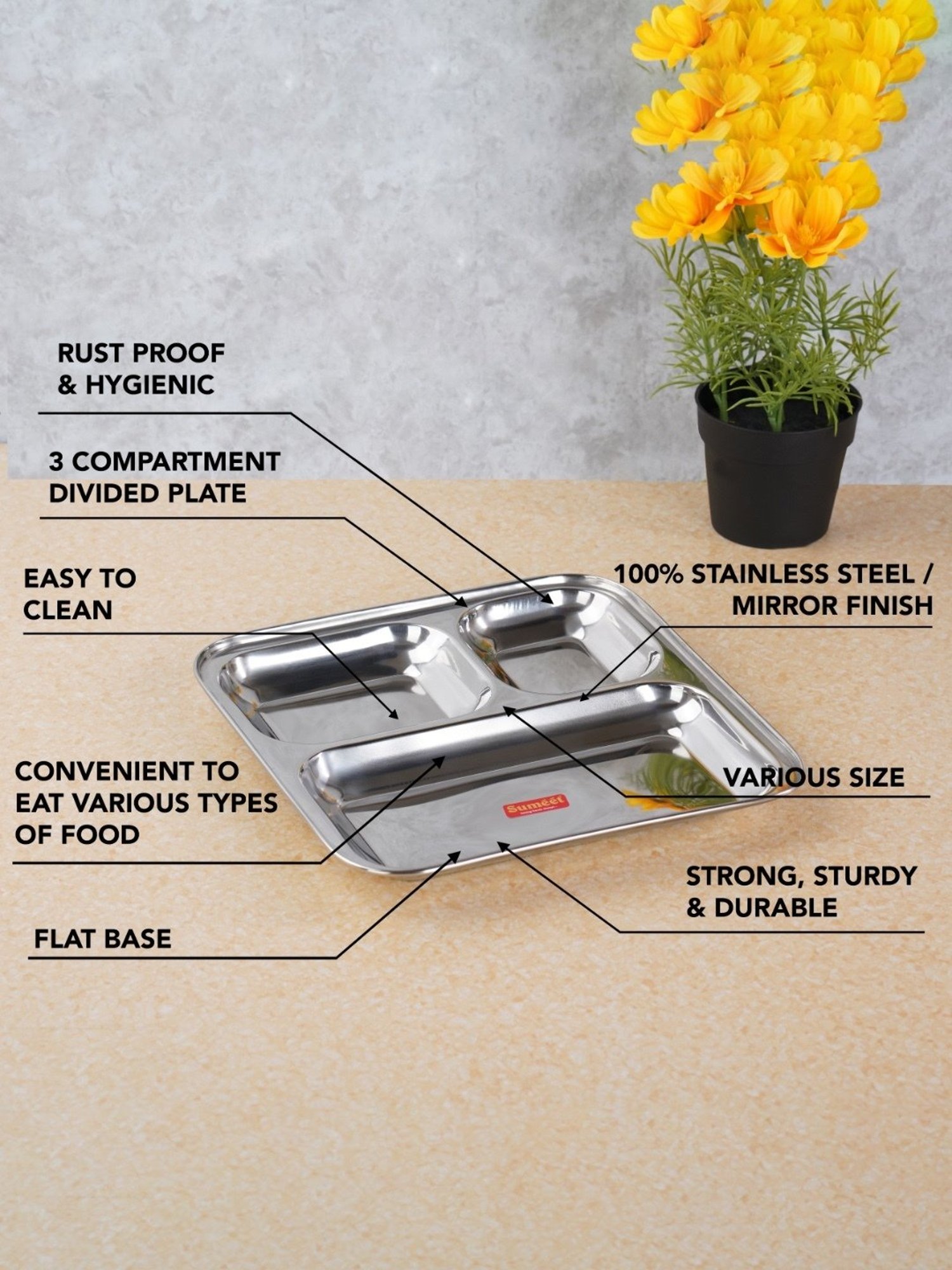 Sumeet S.S. 3 in 1 Idli Wada Compartment plate/Snack Plate/Breakfast Plate Set of 6Pcs, 21.7cm Dia,