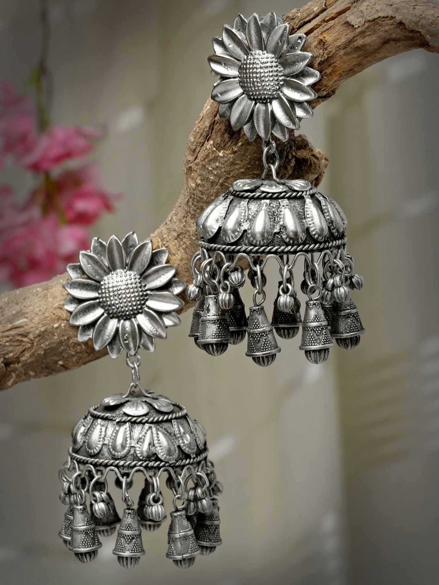 Moedbuille Handcrafted Tasselled Floral Design Oxidised Silver Plated Antique Tribal Earrings