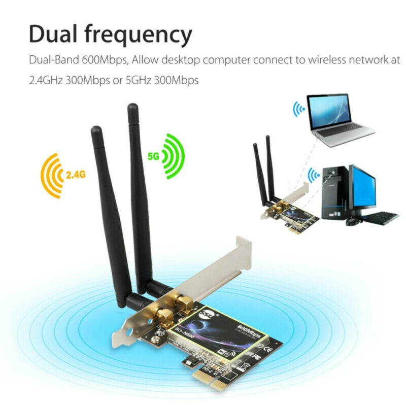 Dual Band 2.4G/5G PCI-E WiFi Wireless Card Adapter 600Mbps(2.4GHz 300Mbps or 5GHz 300Mbps) PCI Express Wi-Fi Adapter for Desktop Computer