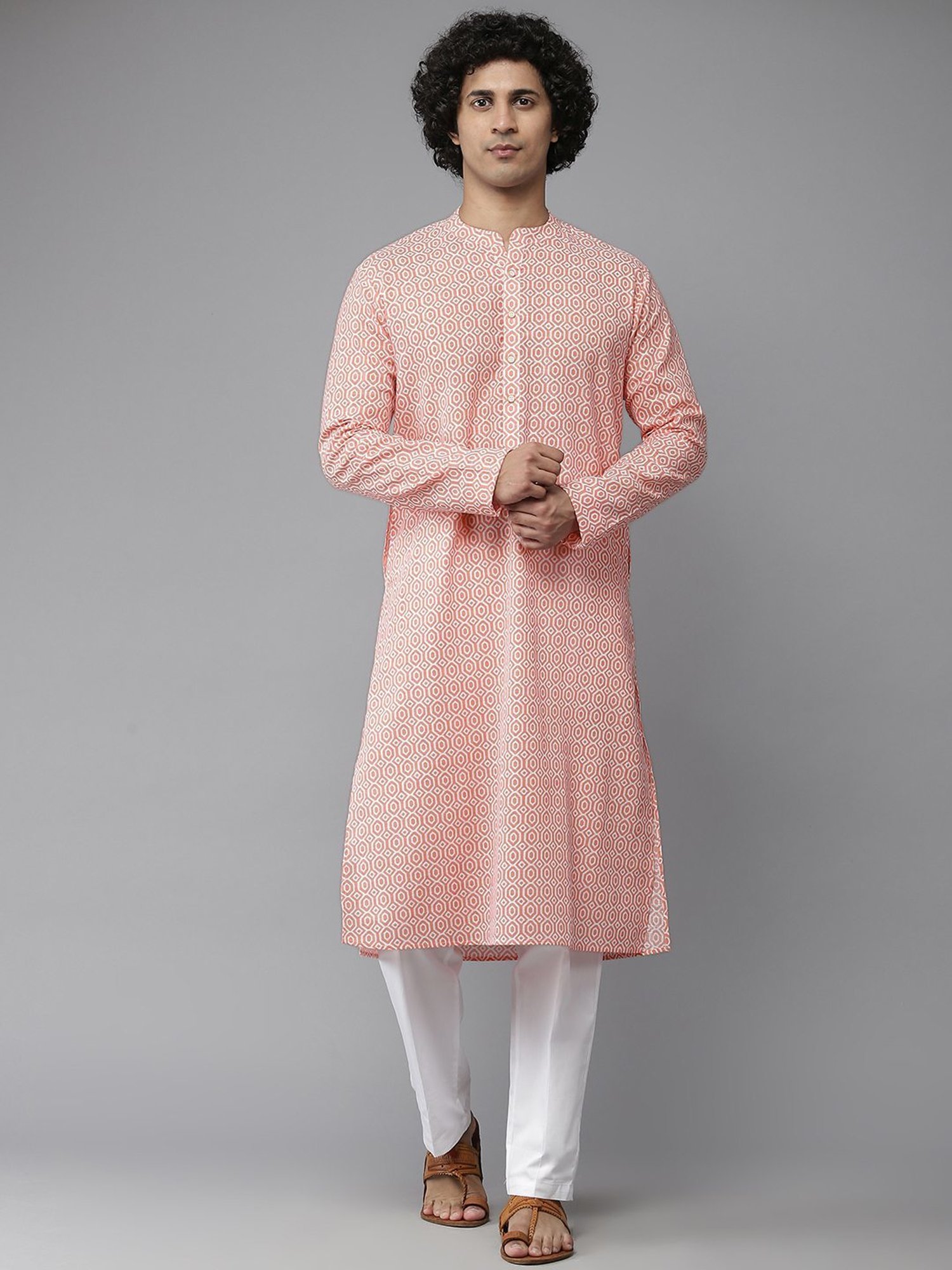 See Designs Peach & White Cotton Regular Fit Printed Kurta Bottom Set