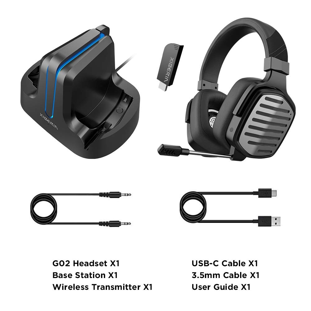 G02 2.4GHz Wireless Gaming Headset with Base Station, Gaming Headphones with Detachable Unidirectional Microphone Compatible for PS5, PS4, PC, Wired Mode Compatible with Wireless Controller