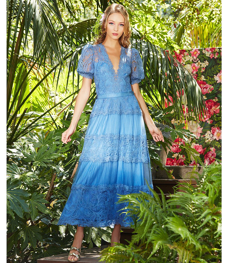 Tadashi Shoji V-Neck Short Puff Sleeve Embroidered Lace Pleated Midi Dress