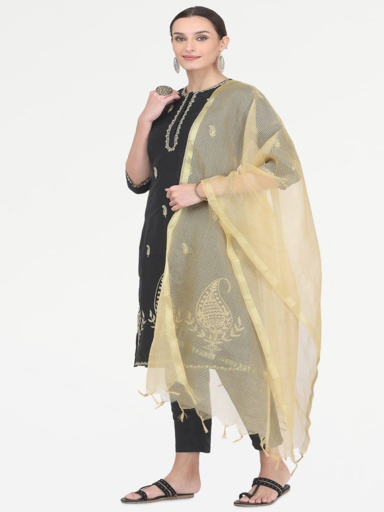 Kaanchie Nanggia Black Taffeta Embroidered Kurta Pant with Chanderi Duatta