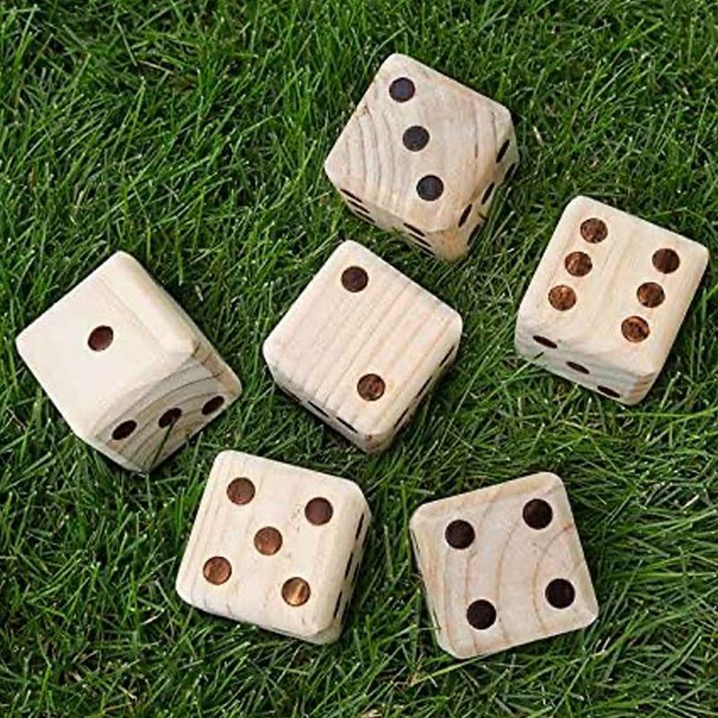 Yard Games Giant Outdoor Wooden Dice Set of 6 Bundle with Yard Pong Activity Party Set with 12 Buckets, 2 Balls, and Carrying Case