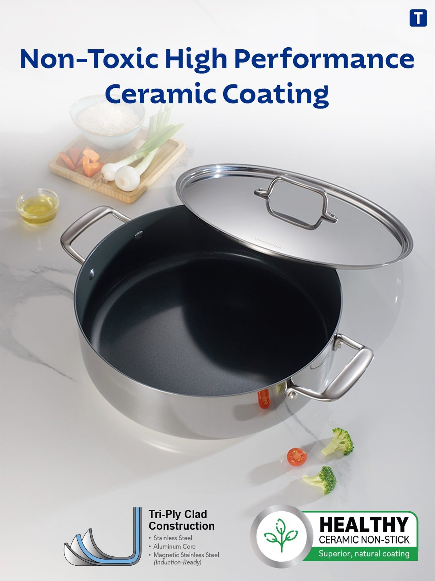 Tramontina Fusao Non-Toxic Triply Stainless Steel Ceramic Casserole & Lid 30cm/6.2L Induction Base