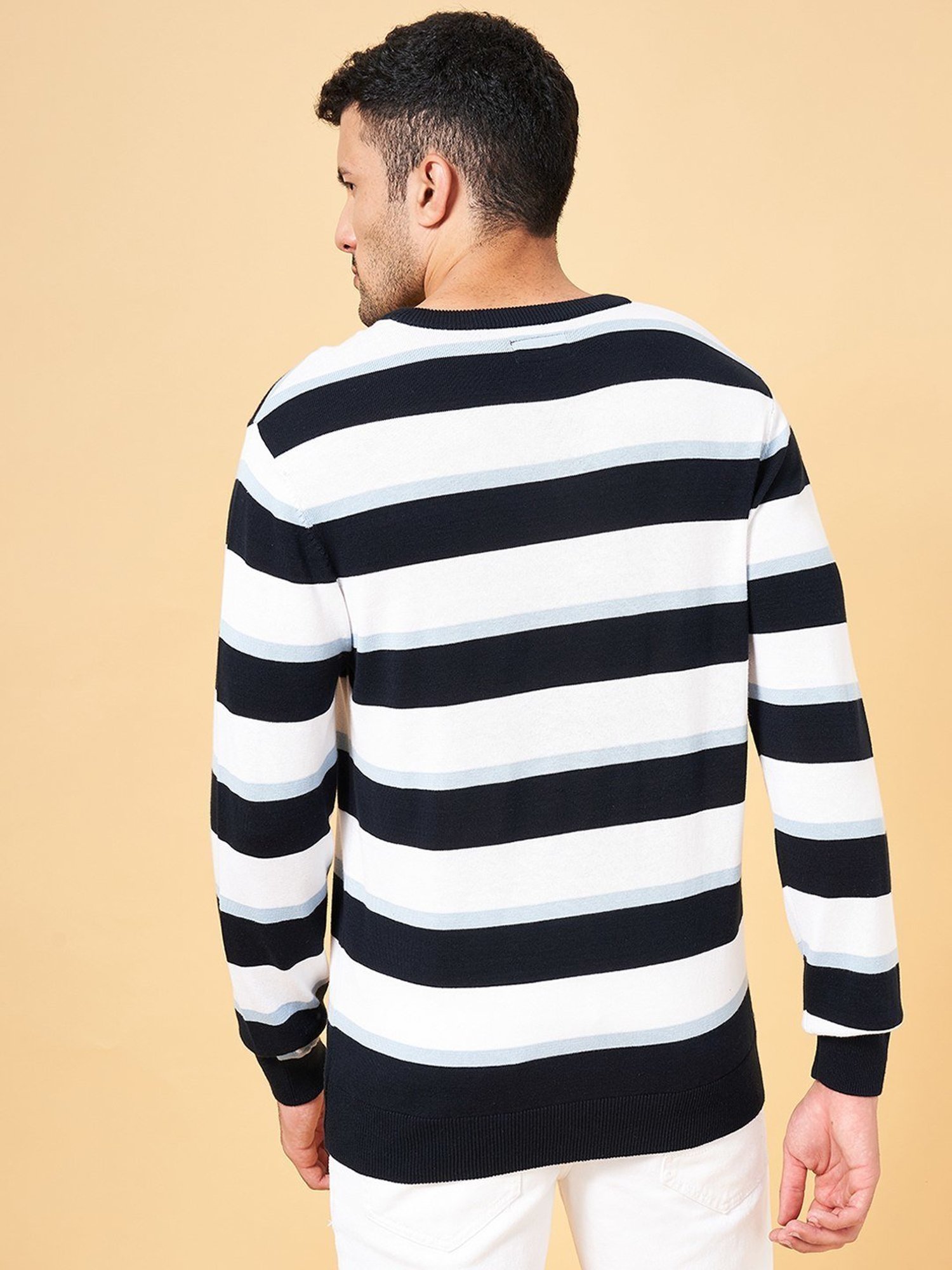 Byford by Pantaloons Blue Cotton Slim Fit Striped Sweater