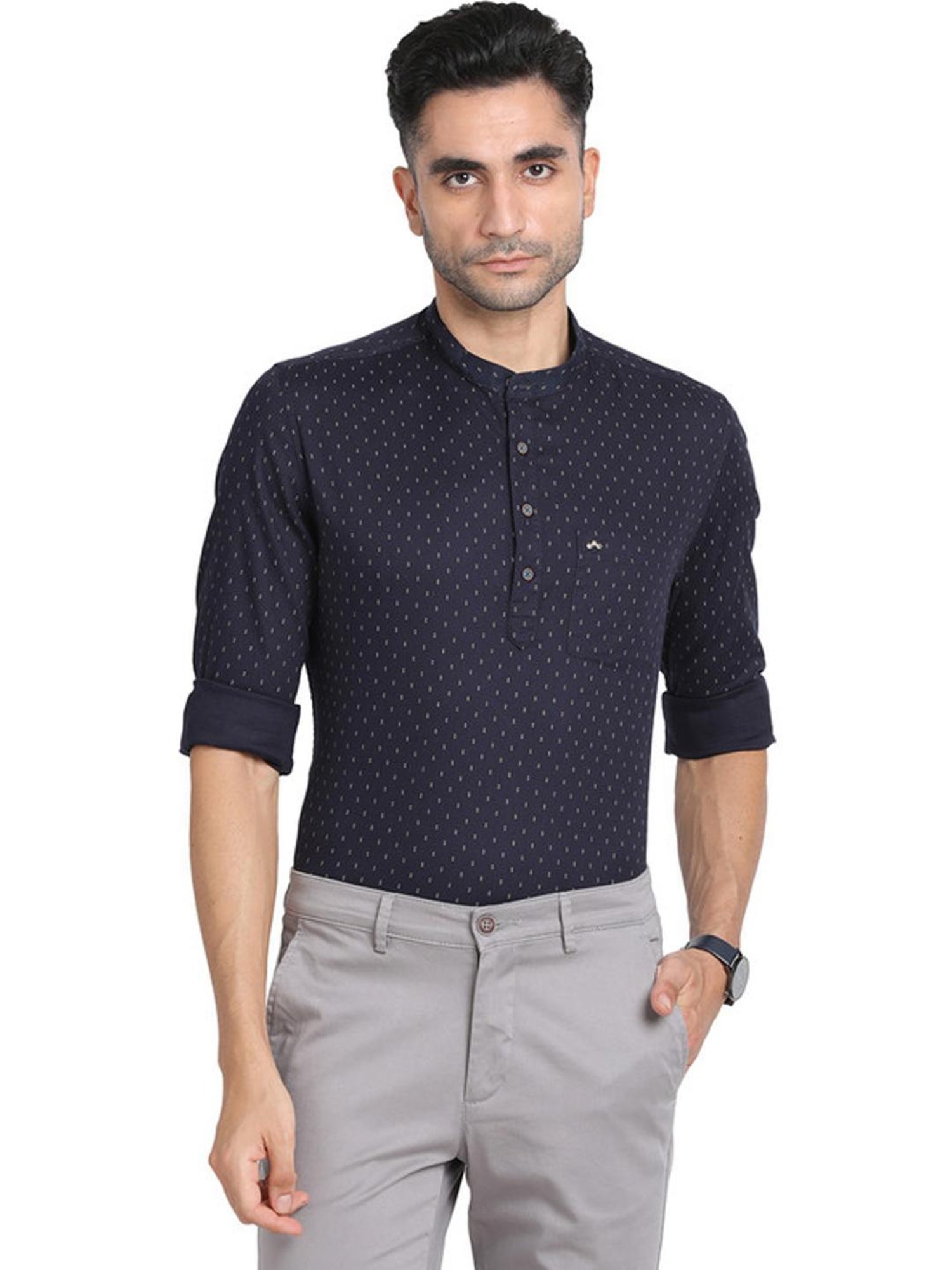 Turtle Navy Cotton Slim Fit Printed Shirts