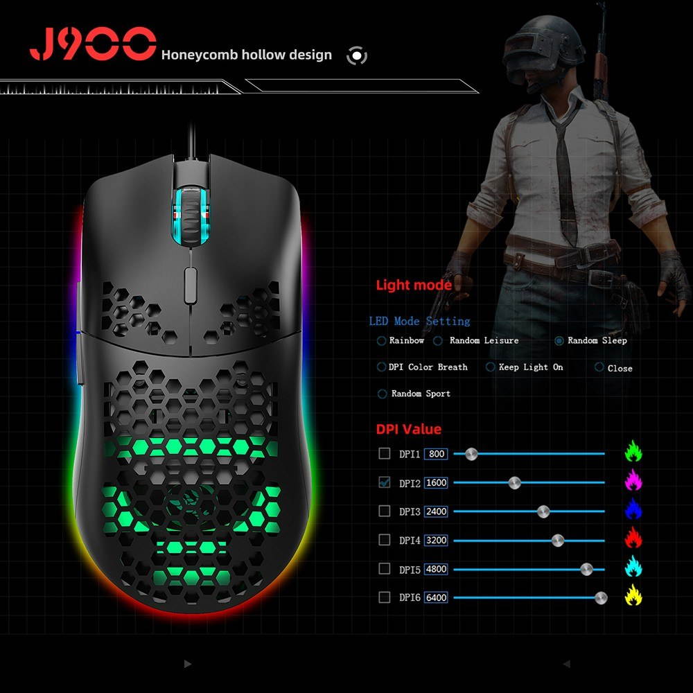 HXSJ J900 USB Wired Gaming Mouse RGB Gaming Mouse with Six Adjustable DPI Ergonomic Design for Desktop Laptop