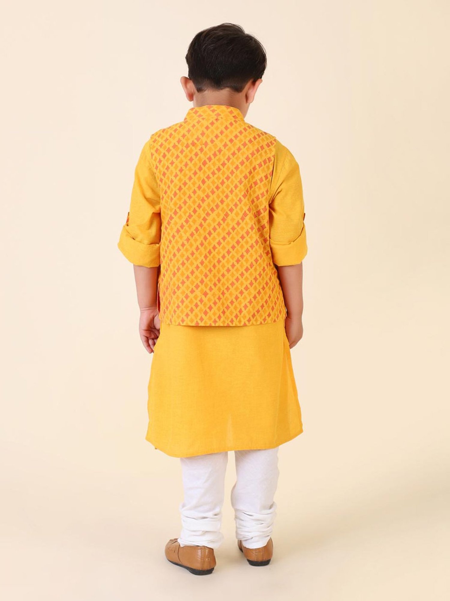 Fabindia Kids Yellow Printed Full Sleeves Kurta with Nehru Jacket