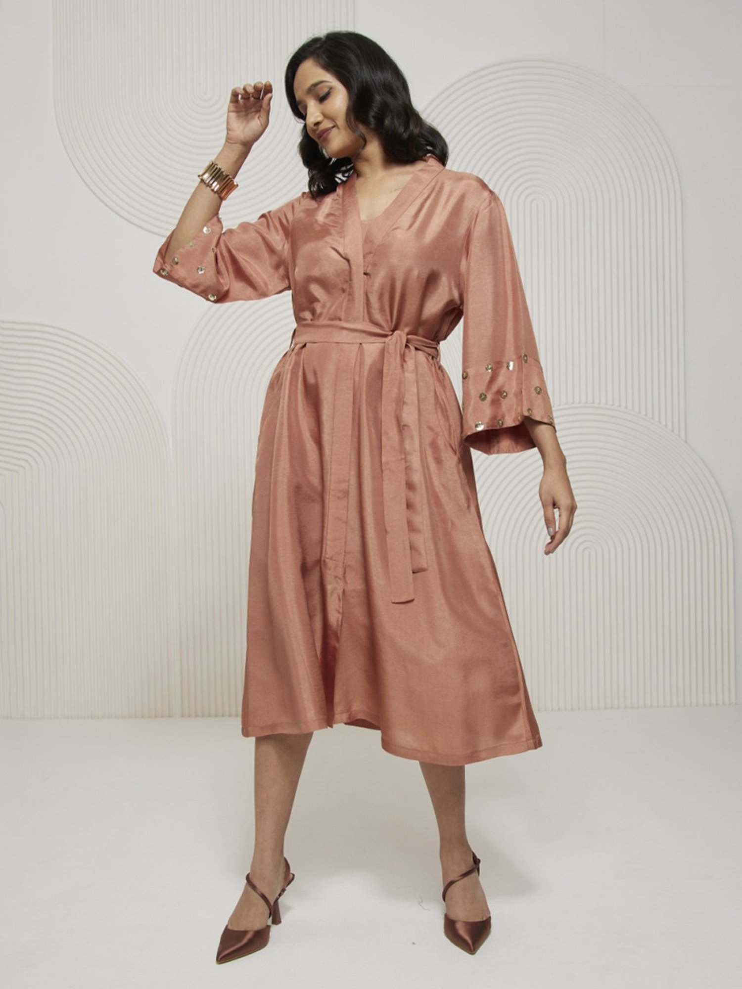 Artagai Salmon Pink Romancing Aari Shirt Dress With Tie-Up And Embellished Sleeve