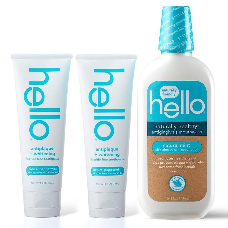 hello Antiplaque + Whitening Fluoride Free Toothpaste Twin Pack + Healthy Antigingivitic Mouthwash