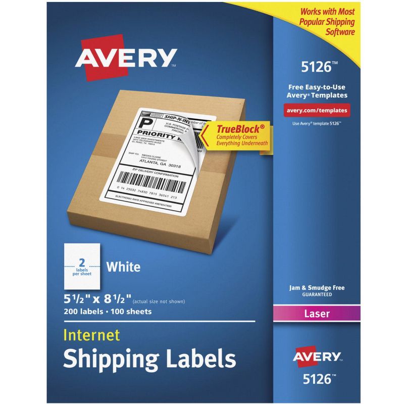 Avery 5126 Internet Shipping Labels with TrueBlock, 5-1/2 x 8-1/2 Inches, Box of 200
