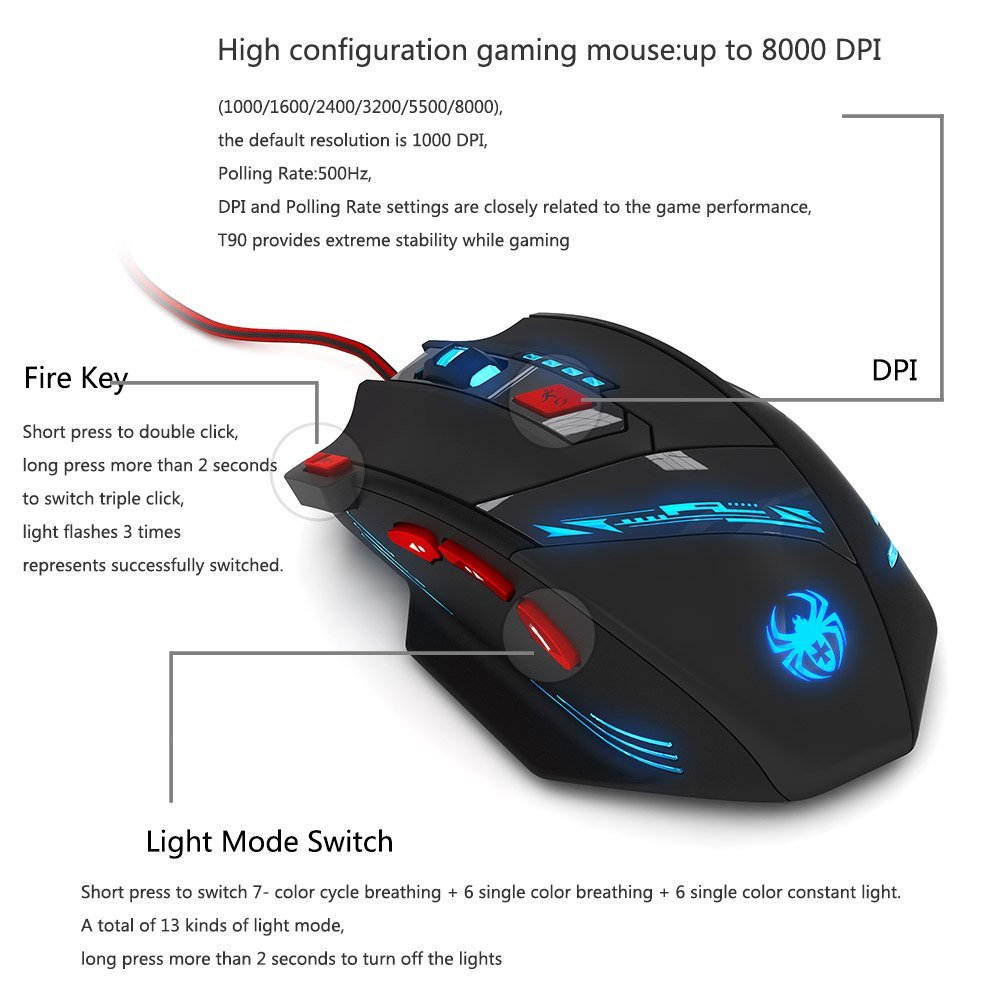 Zelotes T90 USB Wired Gaming Mouse - 1000/1600/2400/3200/5500/8000 DPI High Precision Optical LED Gaming Mouse - 8 Buttons for Pro Gamer with Weight Tuning Set
