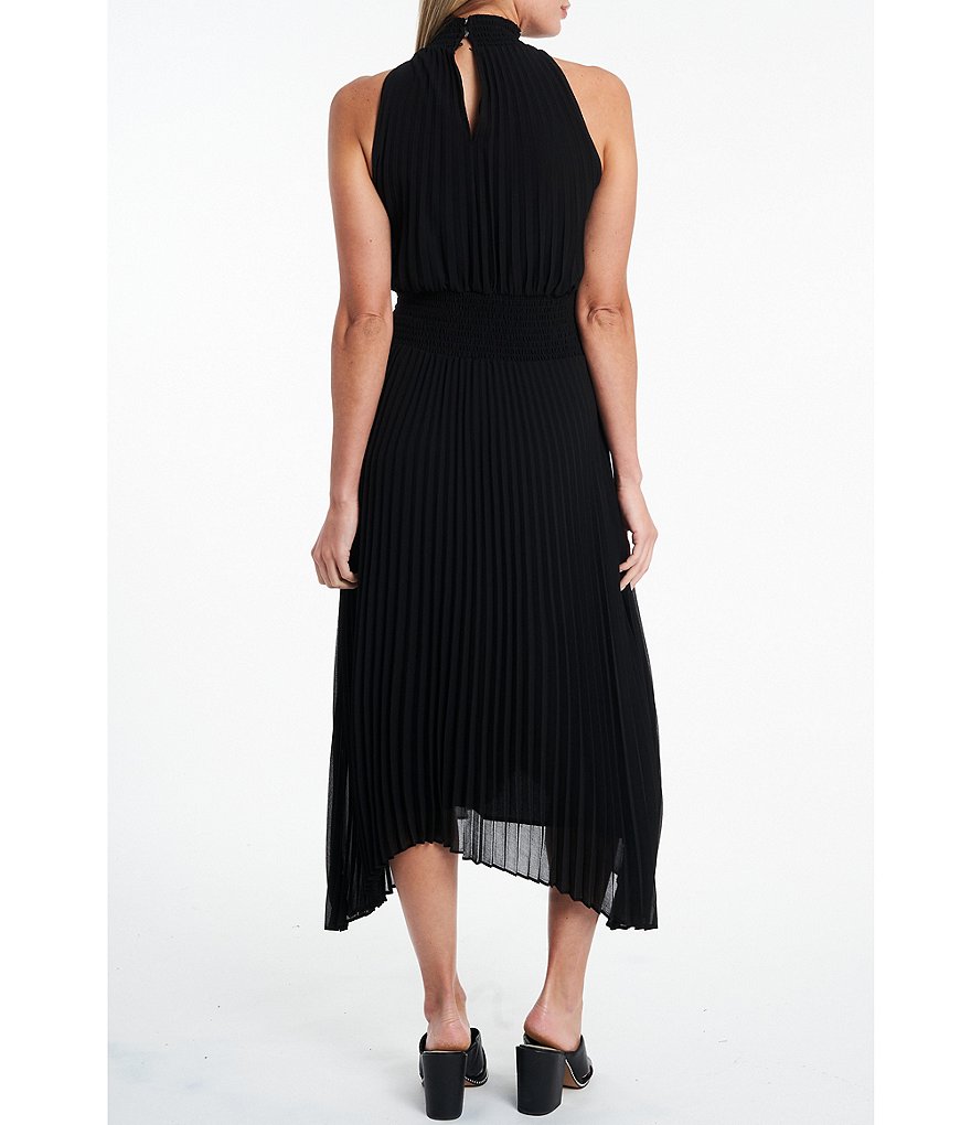 1. STATE Mock Neck Sleeveless Pleated Sharkbite Hem Midi Dress