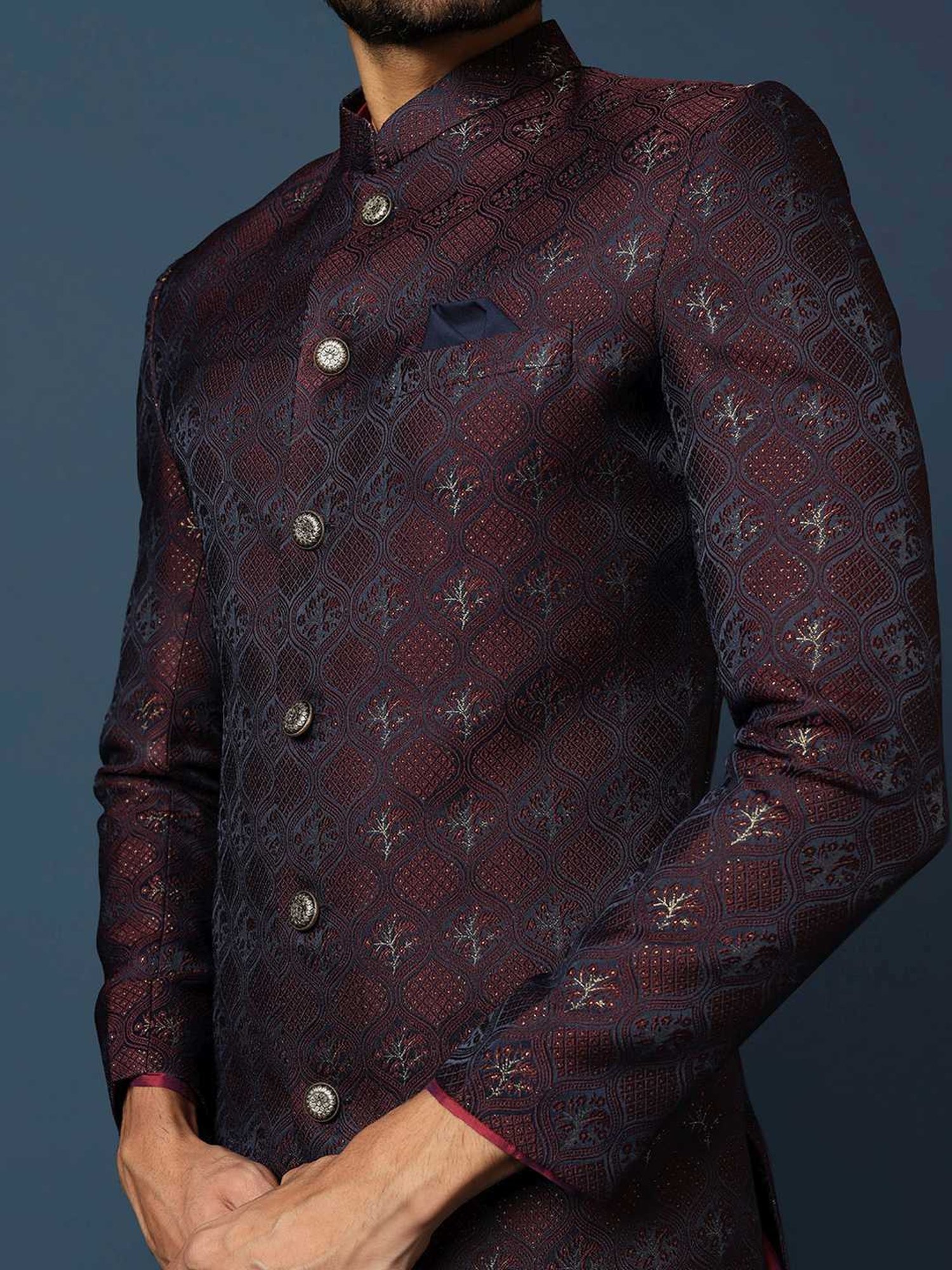 KISAH Maroon Cotton Regular Fit Self Pattern Sherwani Set