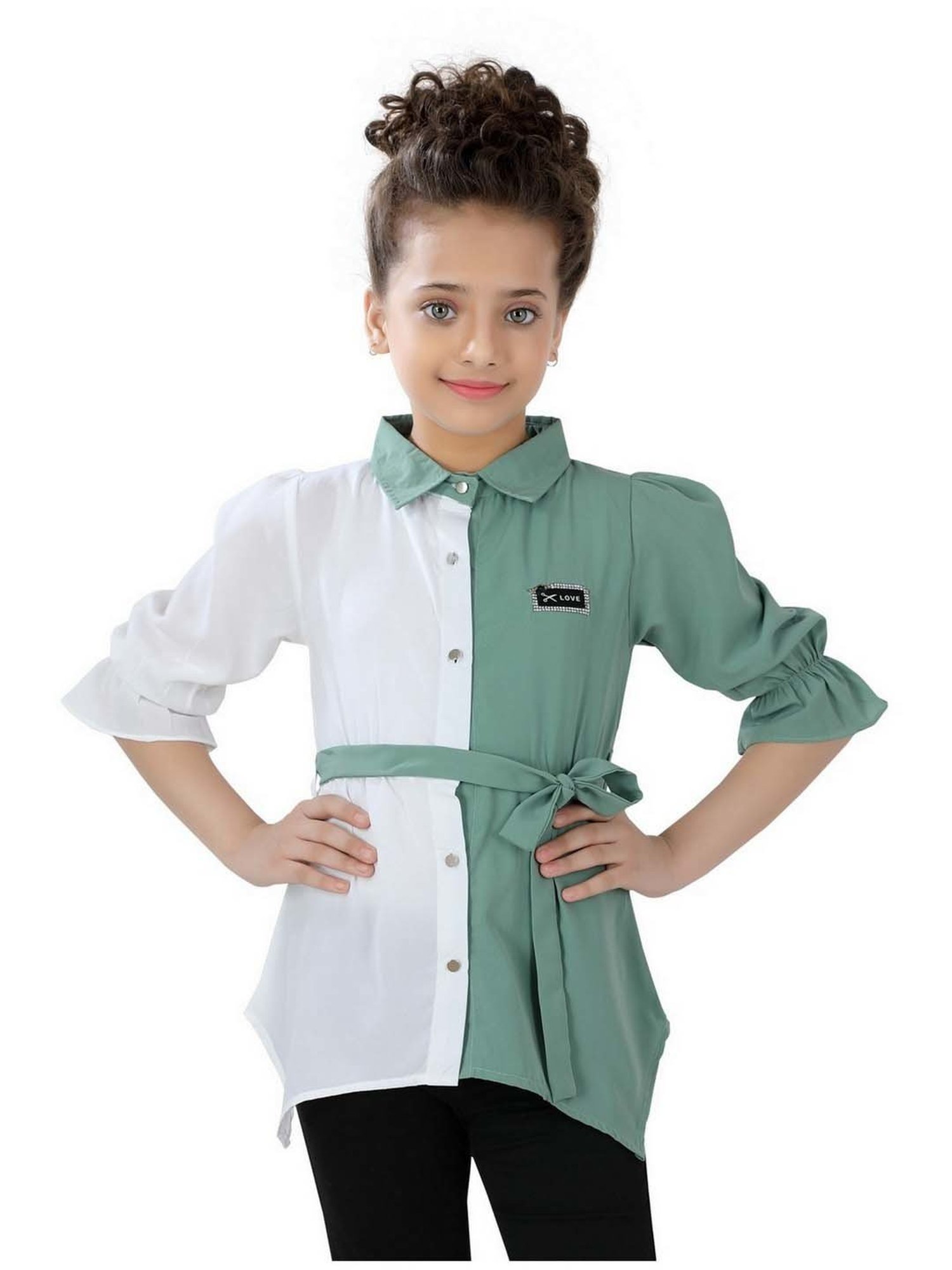 poplins Kids Green & White Cotton Color Block Top