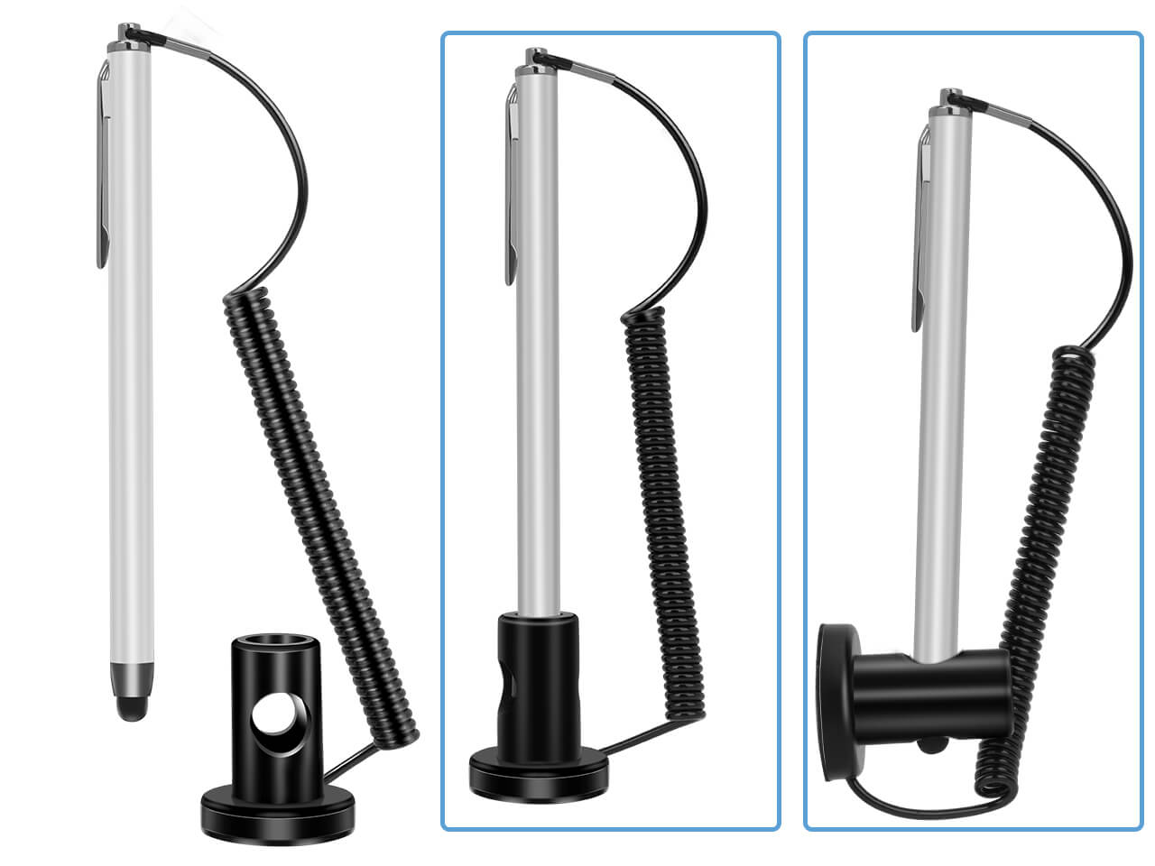 Stylus with chain and holder for touchscreens, capacitive screen device stylus, high reliability touchscreen pen. Sensitivity of the pen is ensured by the use of low-impedance materials