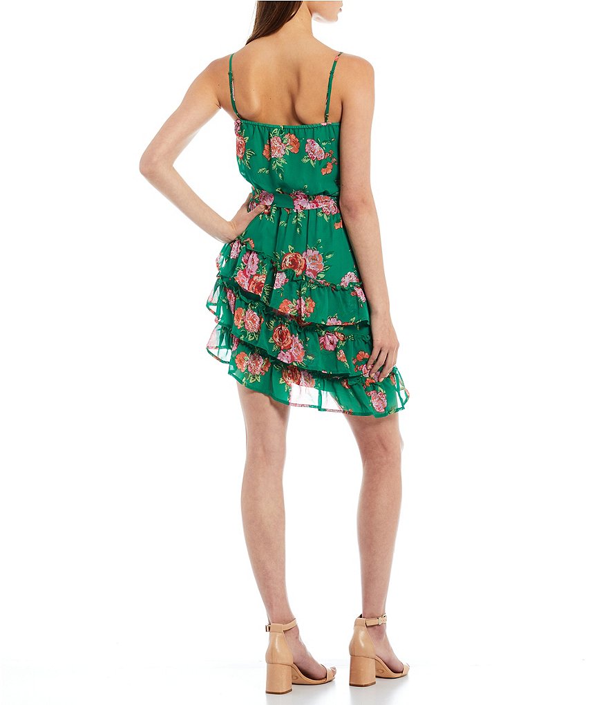 City Vibe Spaghetti Strap Scoop-Neck Floral Printed Ruffled Asymmetric Hem Chiffon Dress