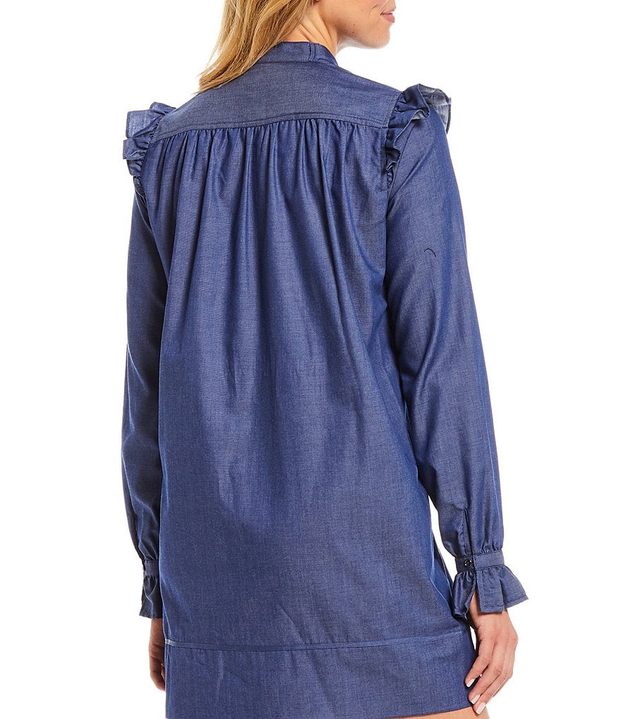 LDT Francesca Long Sleeve Band Collar Tie Neck Ruffled Mini Chambray Shirt Dress