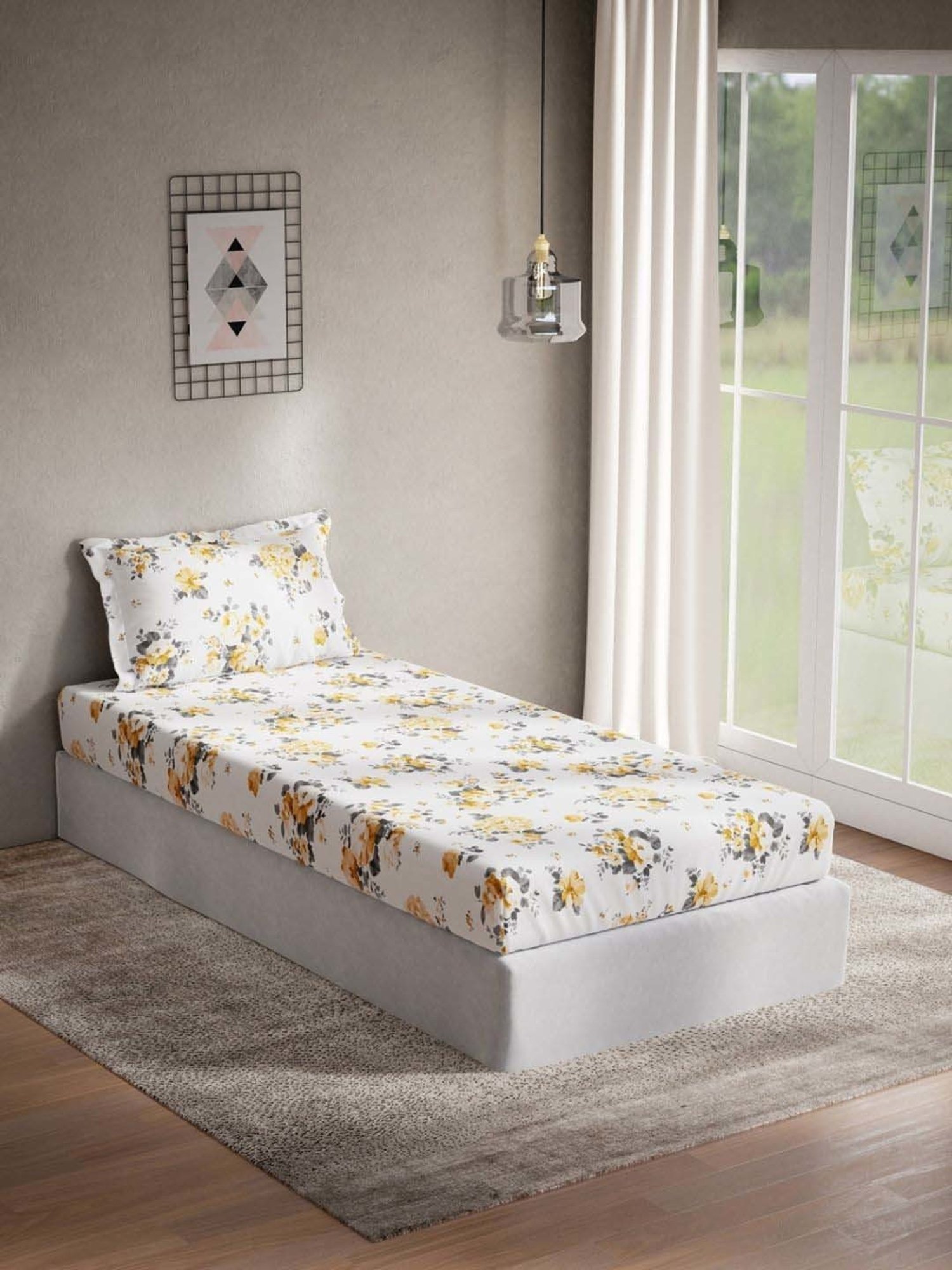 DDecor Glora Floral Yellow Cotton 144 TC Single Bedsheet With 1 Pillow Cover