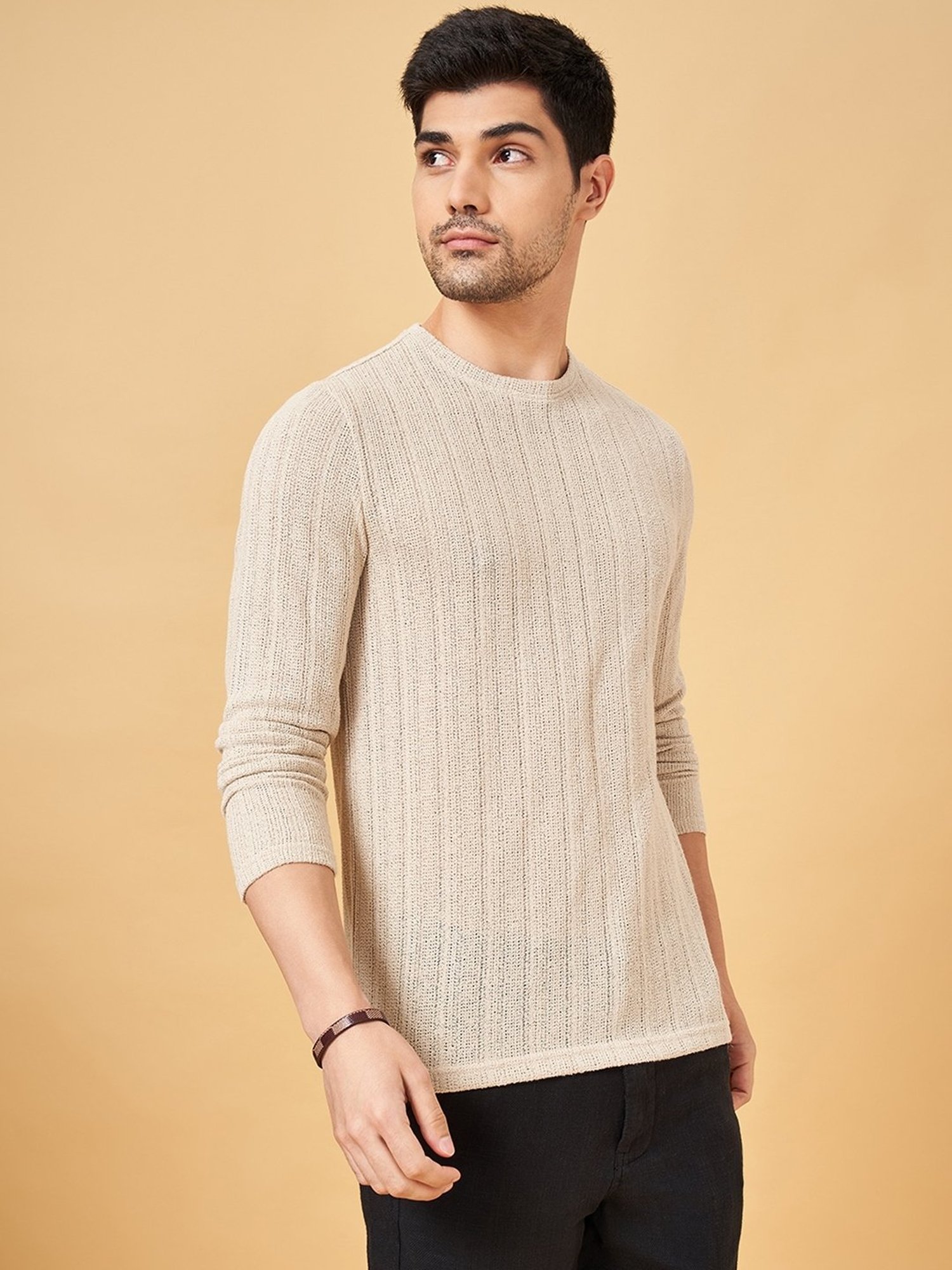 7 Alt by Pantaloons Light Gray Cotton Blend Slim Fit T-Shirt