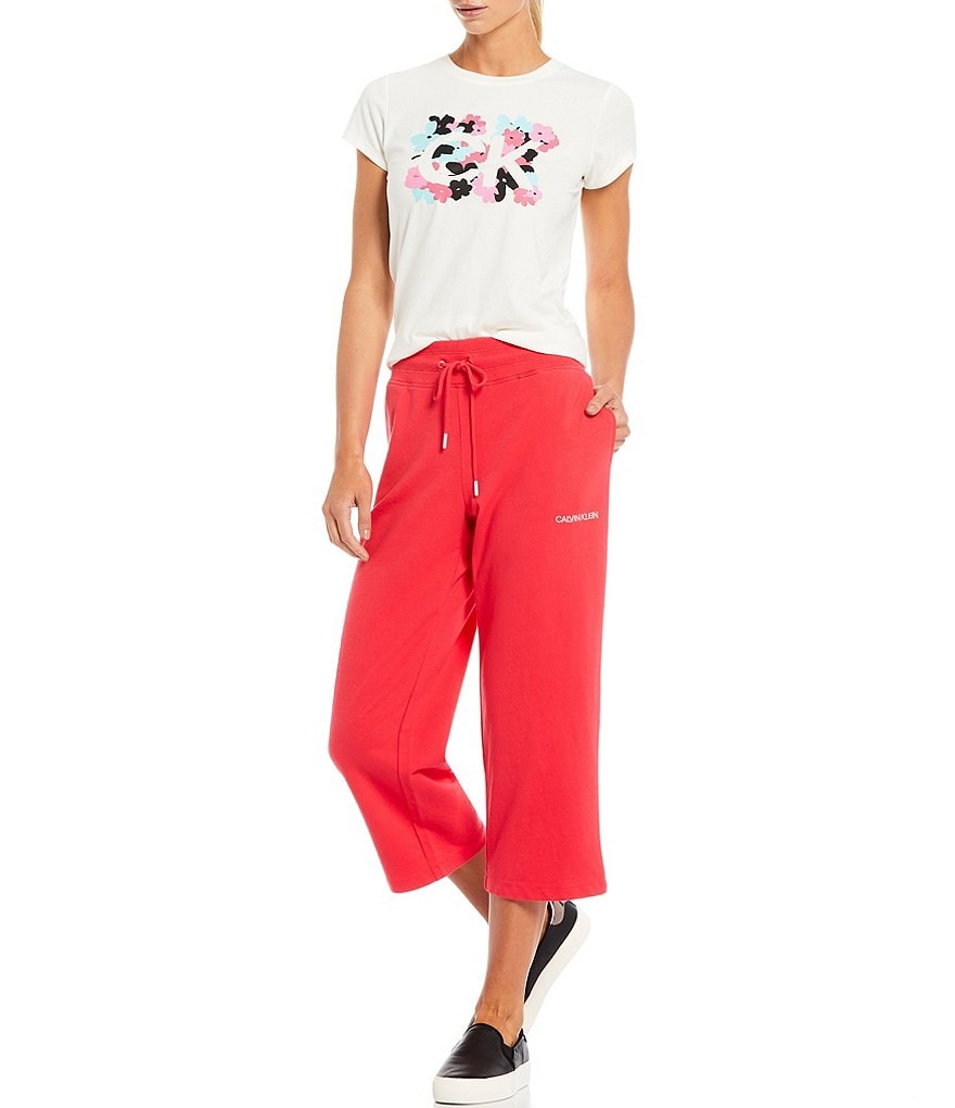 Calvin Klein French Terry Knit Embroidered Logo Drawstring Crop Pants