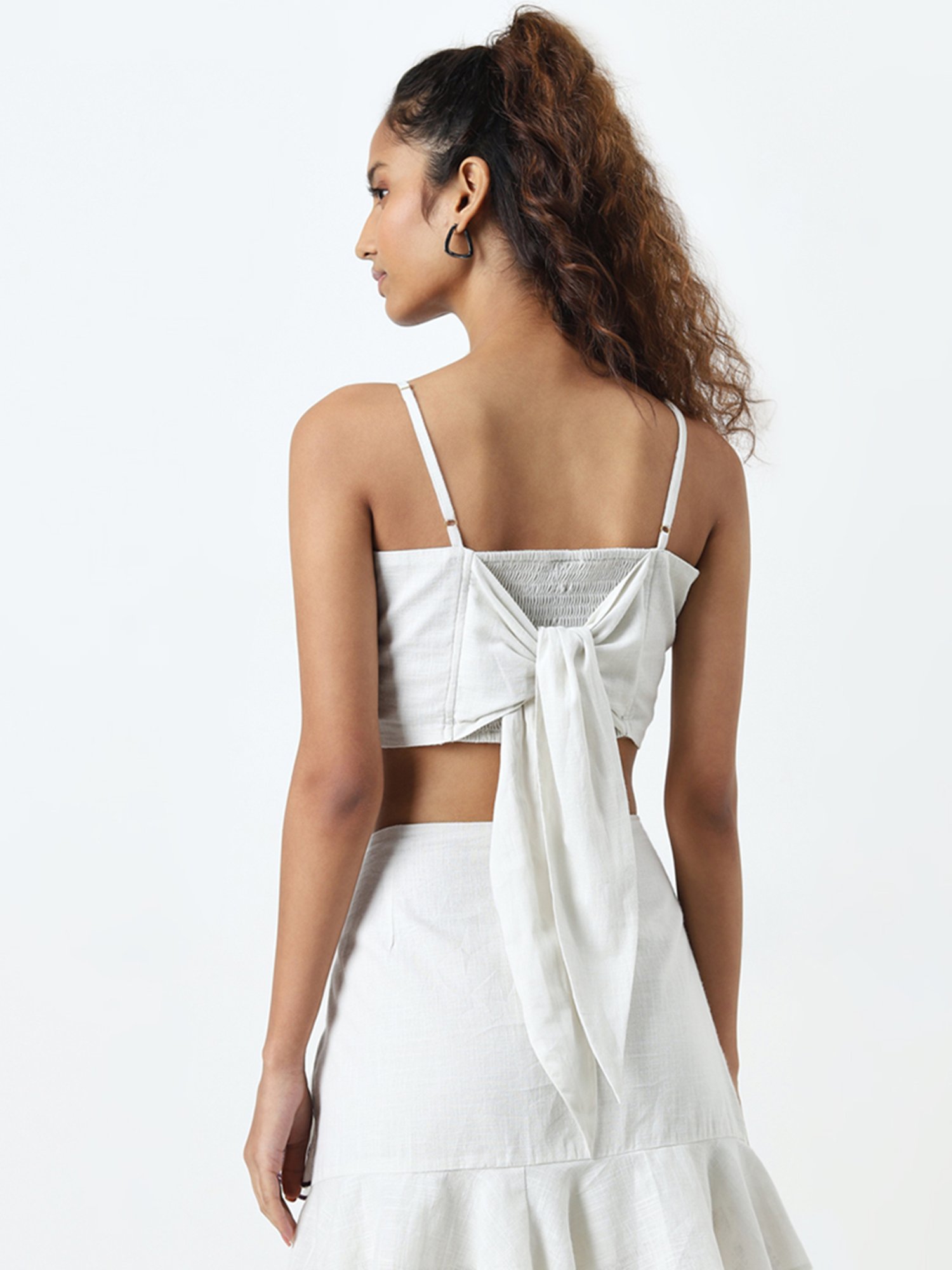 Bombay Paisley by Westside Ivory Embroidered Knot-Detailed Cotton Top