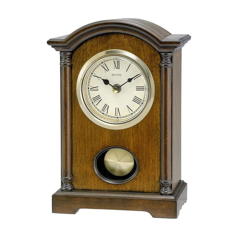 Bulova Clocks B7466 Dalton Chiming Pendulum Solid Wooden Table Clock with Gold Tone Pendulum and Protective Lens, Walnut Finish