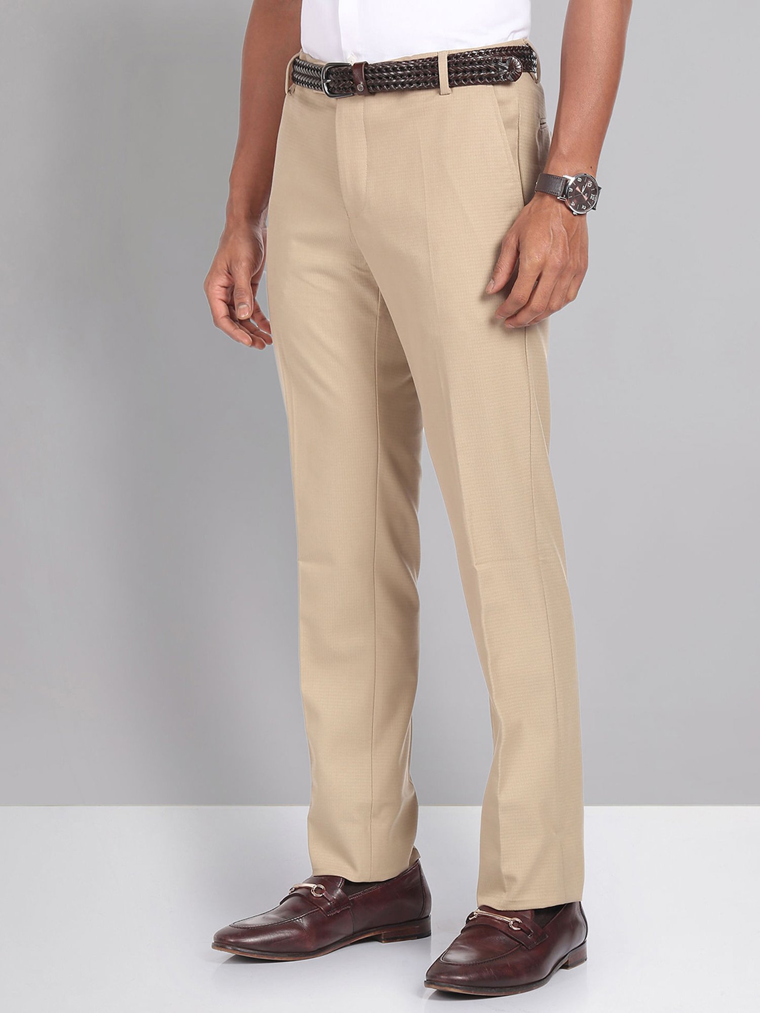 AD by Arvind Khaki Slim Fit Flat Front Trousers